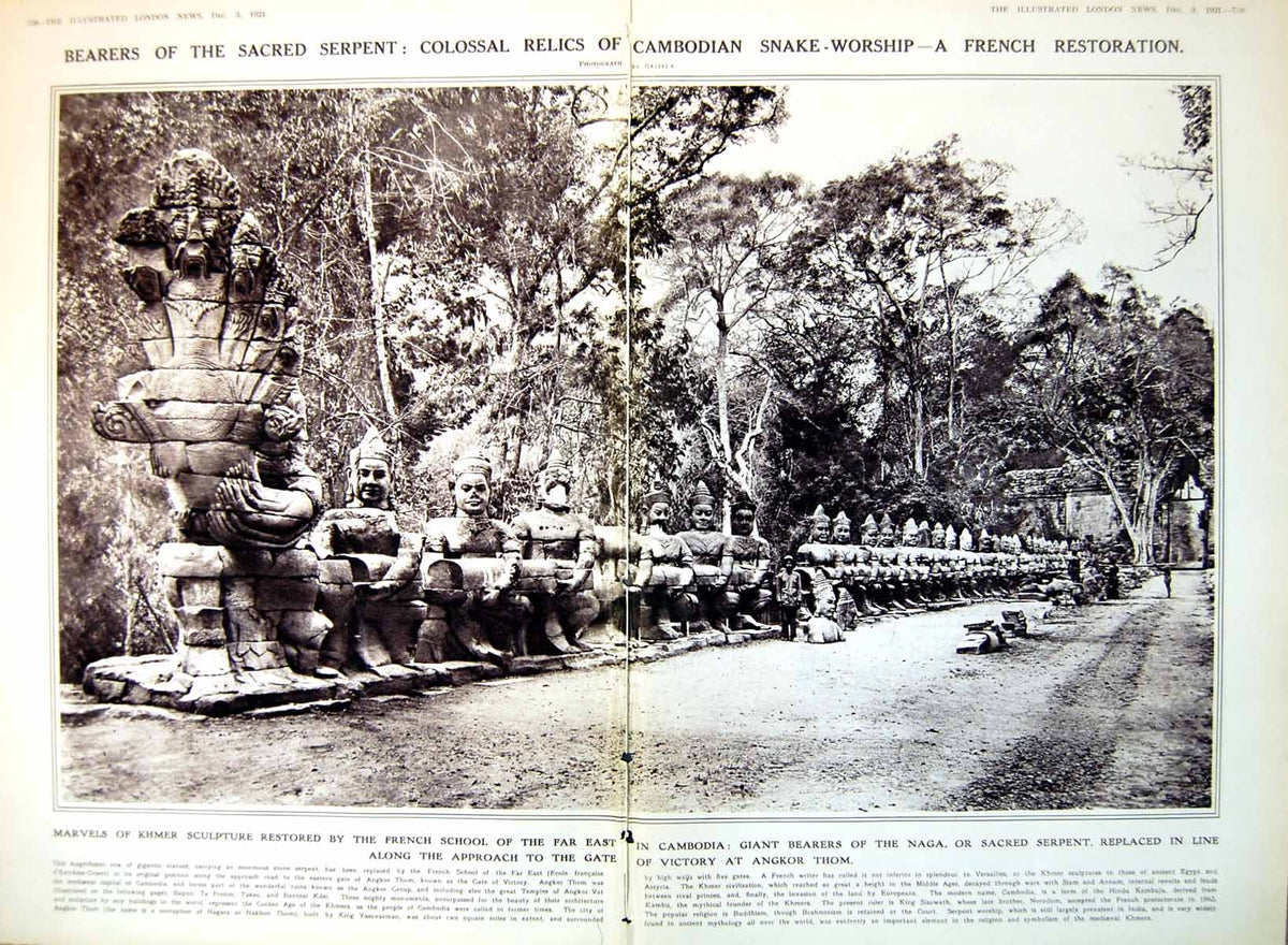 Old Vintage Print Damaged Khmer Sculpture Restored French Cambodia 1921 20th