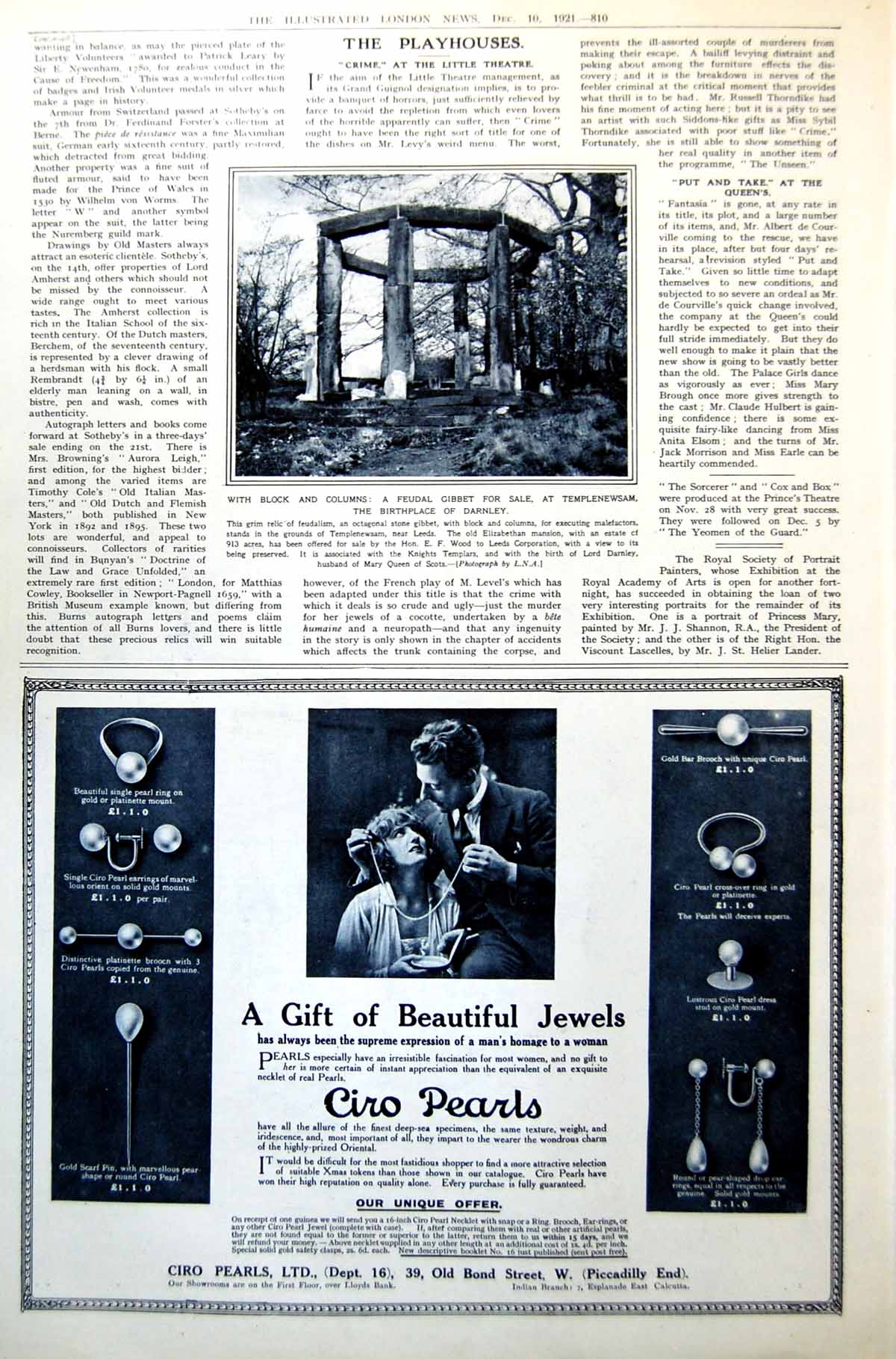 Antique Old Print Block And Columns Feudal Gibbet Templenewsham Leeds 1921 20th