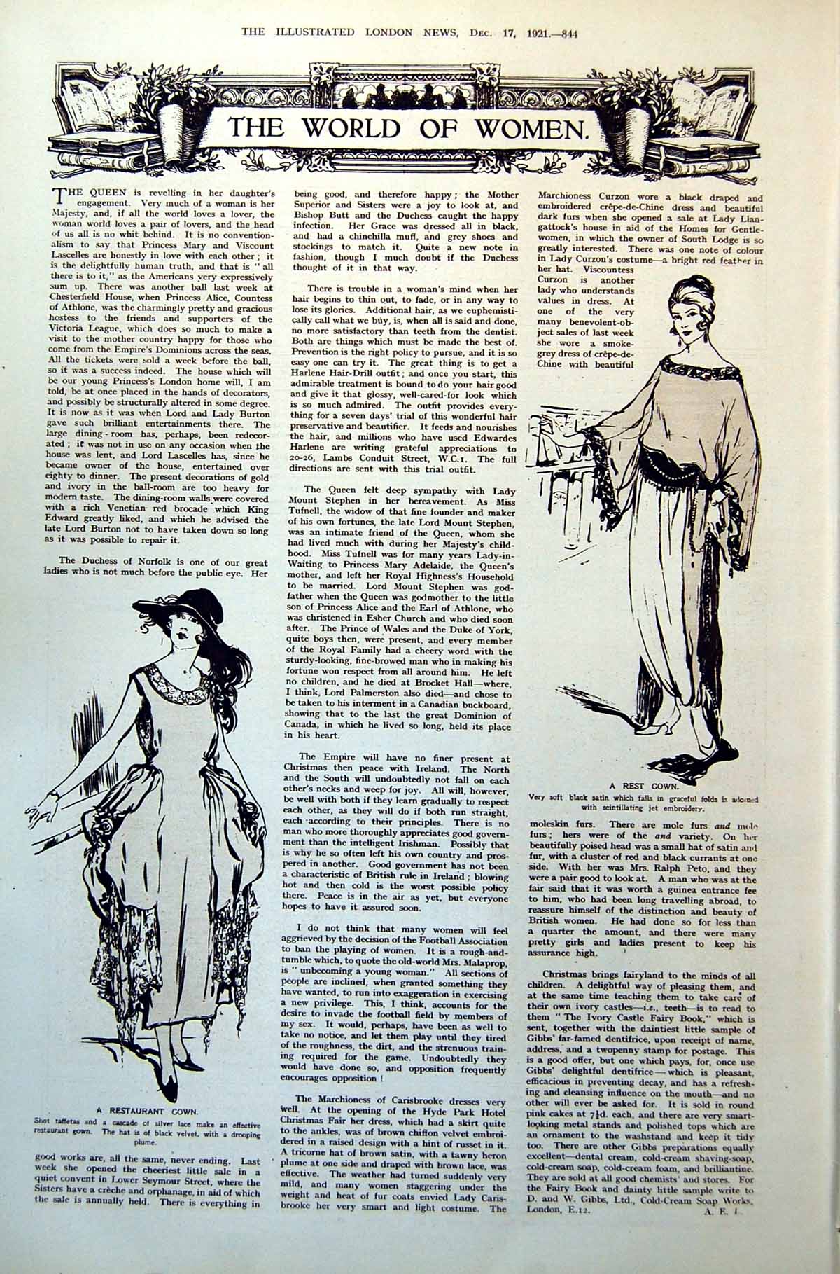 Antique Old Print World Women Restaurant Gown Taffets Lace Rest Satin 1921 20th