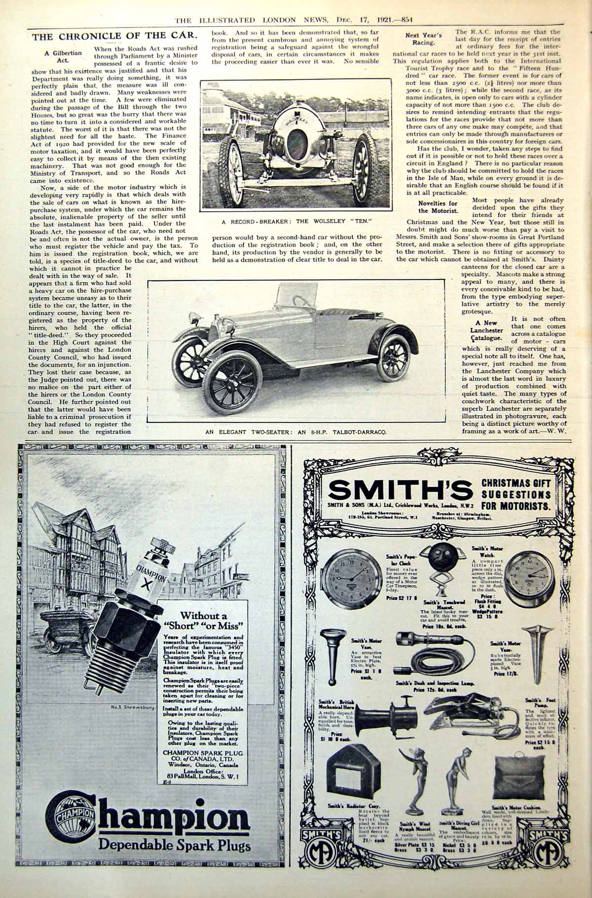 Antique Old Print Record-Breaker Wolseley TenSeater Talbot-Darracq 1921