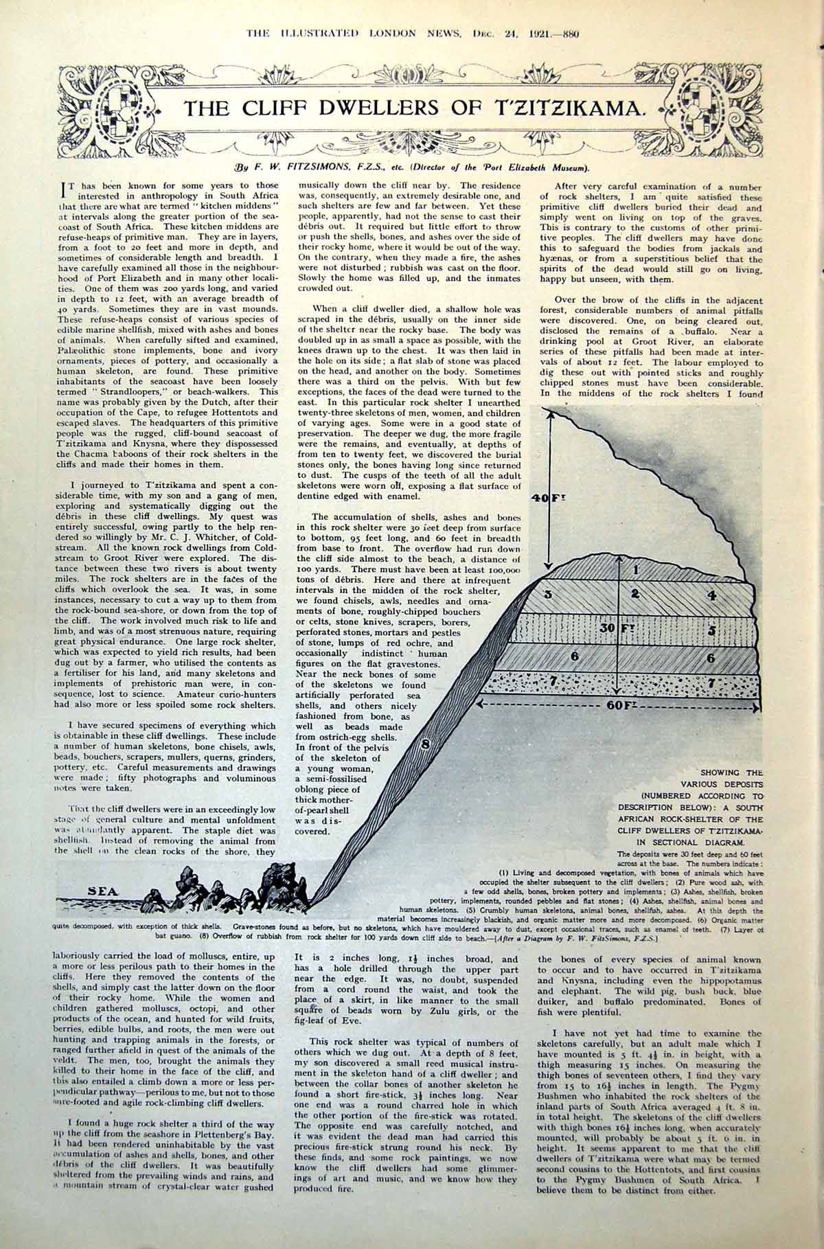 Antique Print Cliff Dwellers T'Zitzikama African Rock Shelter Section 1921 20th