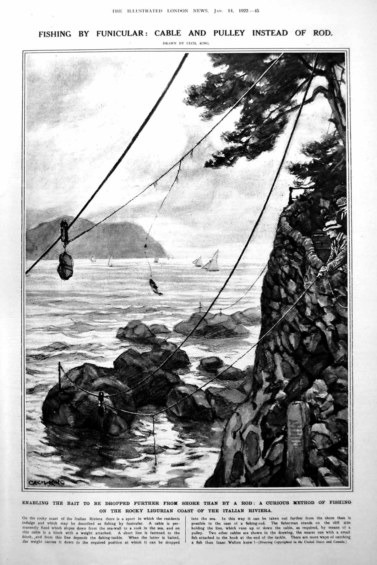 Old Vintage Print Fishing By Funicular Italian Riviera World Theatre 1922 20th