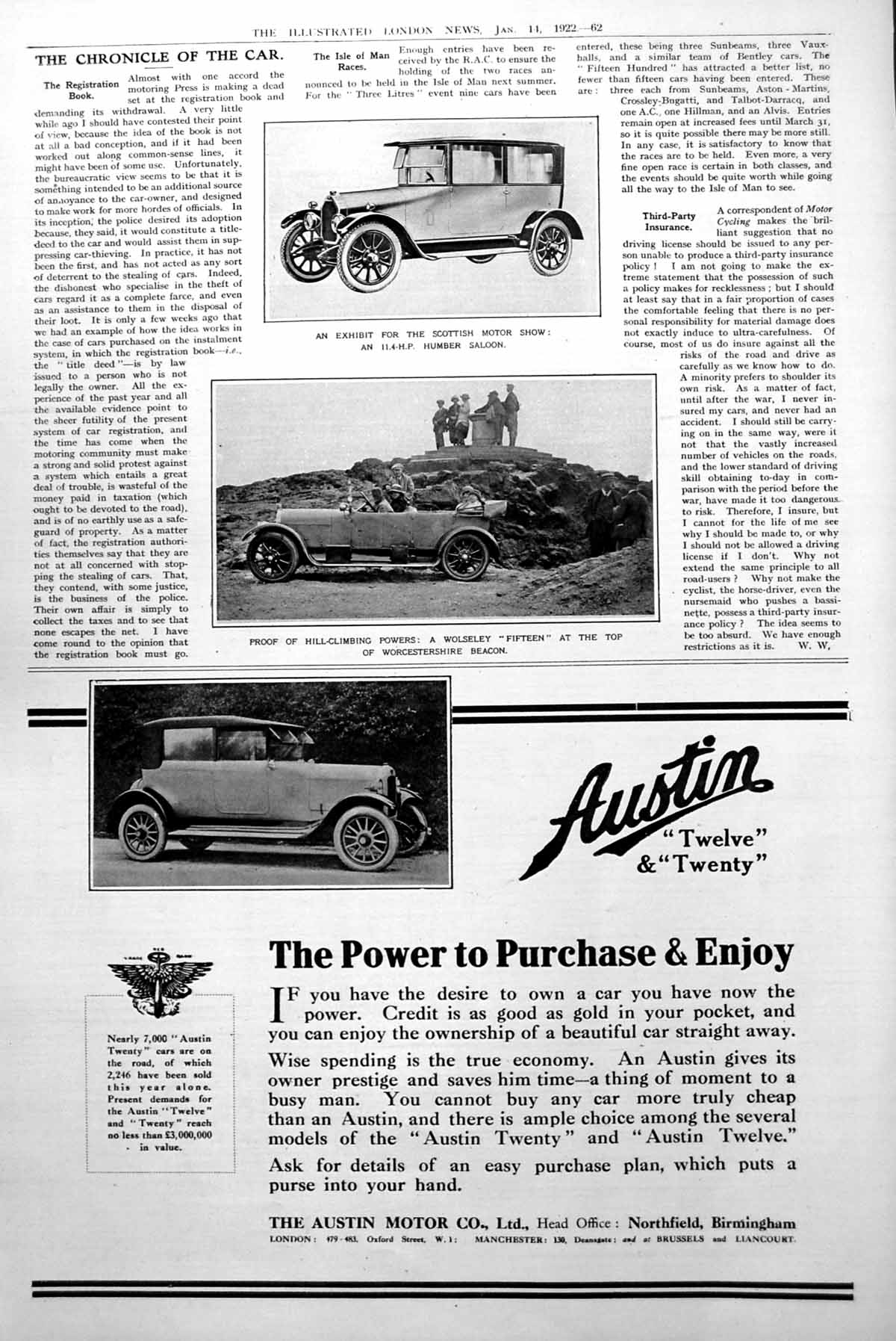 Antique Print Humber Salon Car Wolseley Fifteen Worcestershire Beacon 1922 20th
