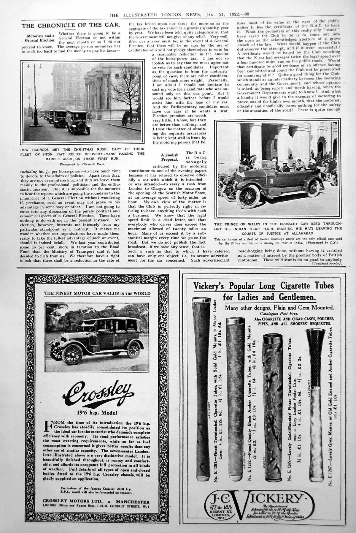 Old Print Harrods Christmas Delivery Vans Prince Wales Crossley Car 1922 20th