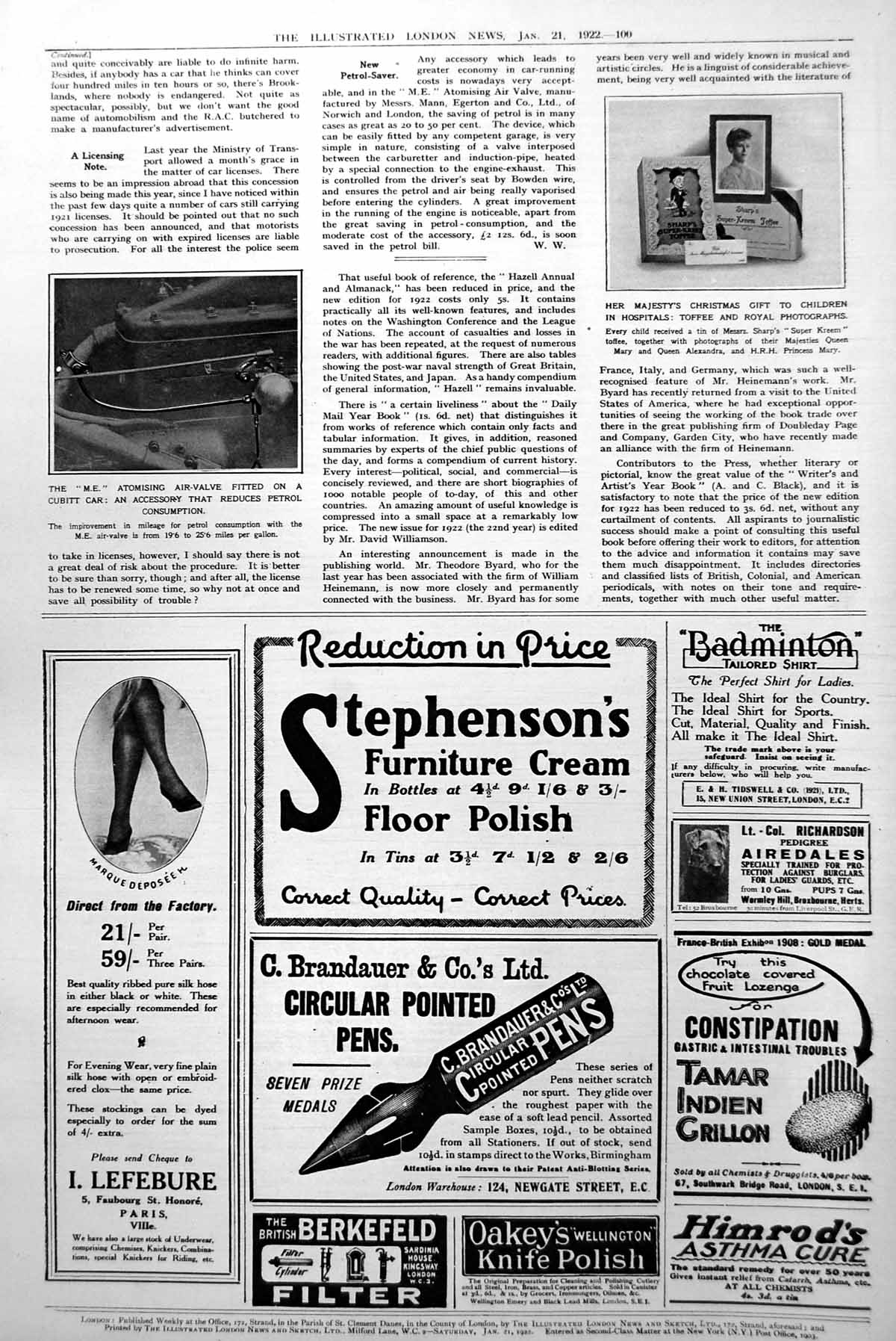 Old Print M.E. Automising Fuel Valve Cubitt Car Toffee Photos Queen 1922 20th