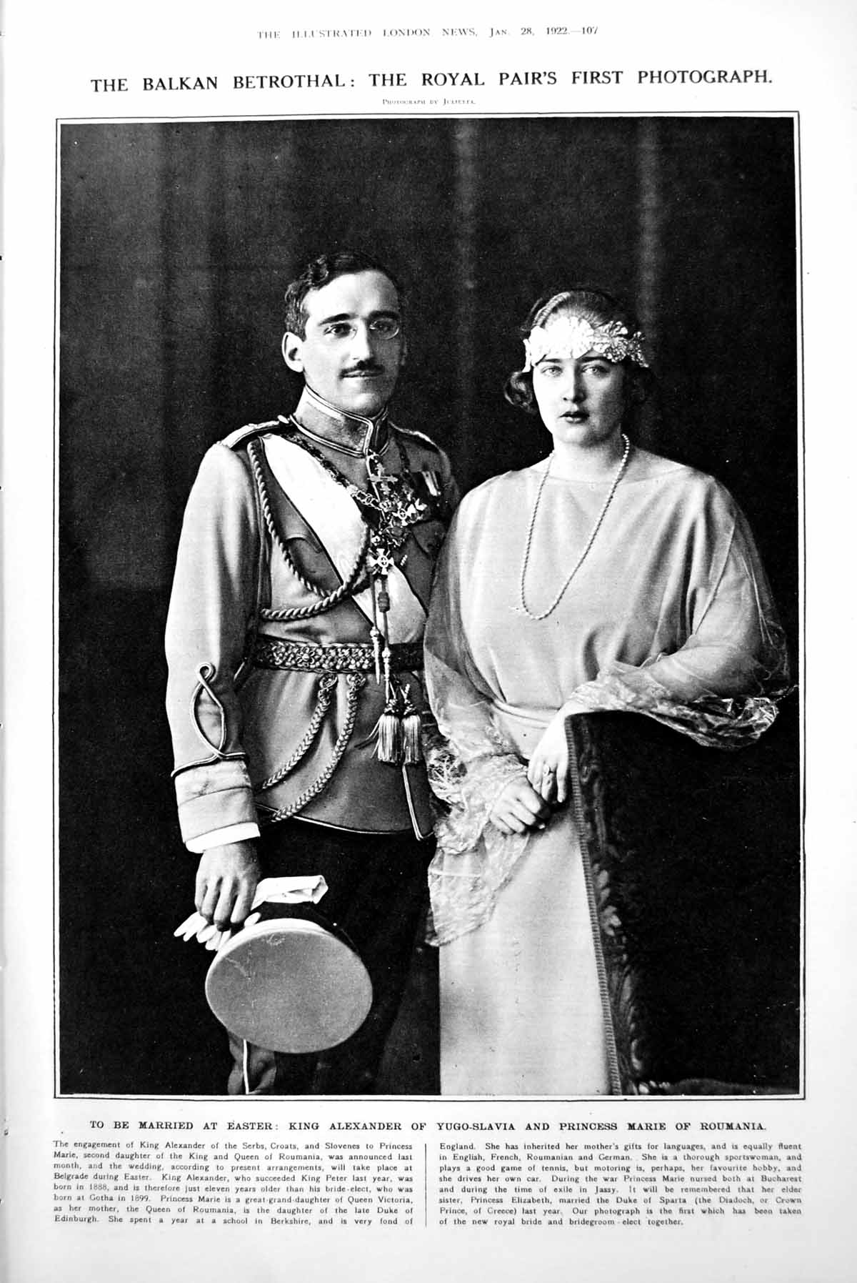 Antique Old Print King Alexander Princess Marie To Wed People Public Eye 1922