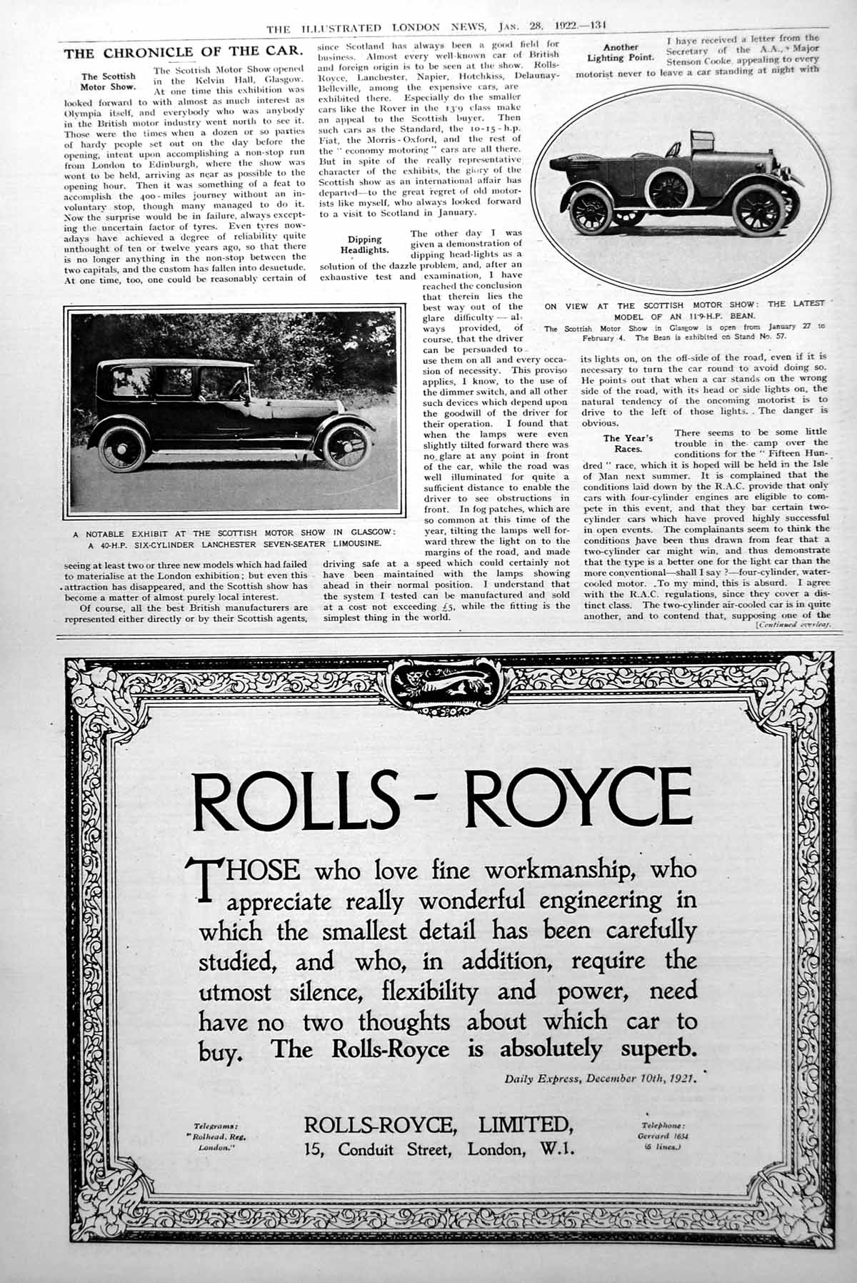 Antique Print Lanchester Seven Seater Limousine Latest Model Bean Car 1922 20th