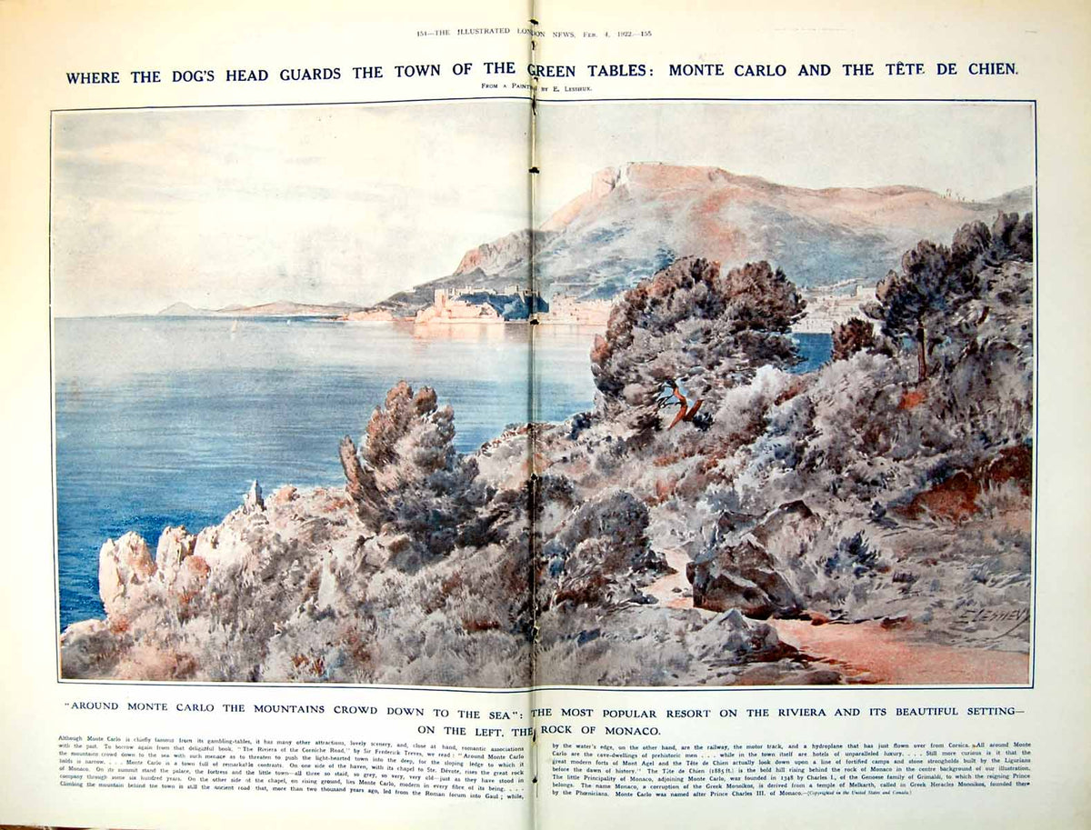 Original Old Vintage Print Monte Carlo Tete De Chien Rock Monaco Bay Trees 1922