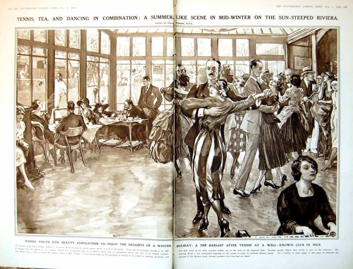 Old Print Damaged Riviera Tennis Dancing India Unrest Trap Elephants 1922 20th