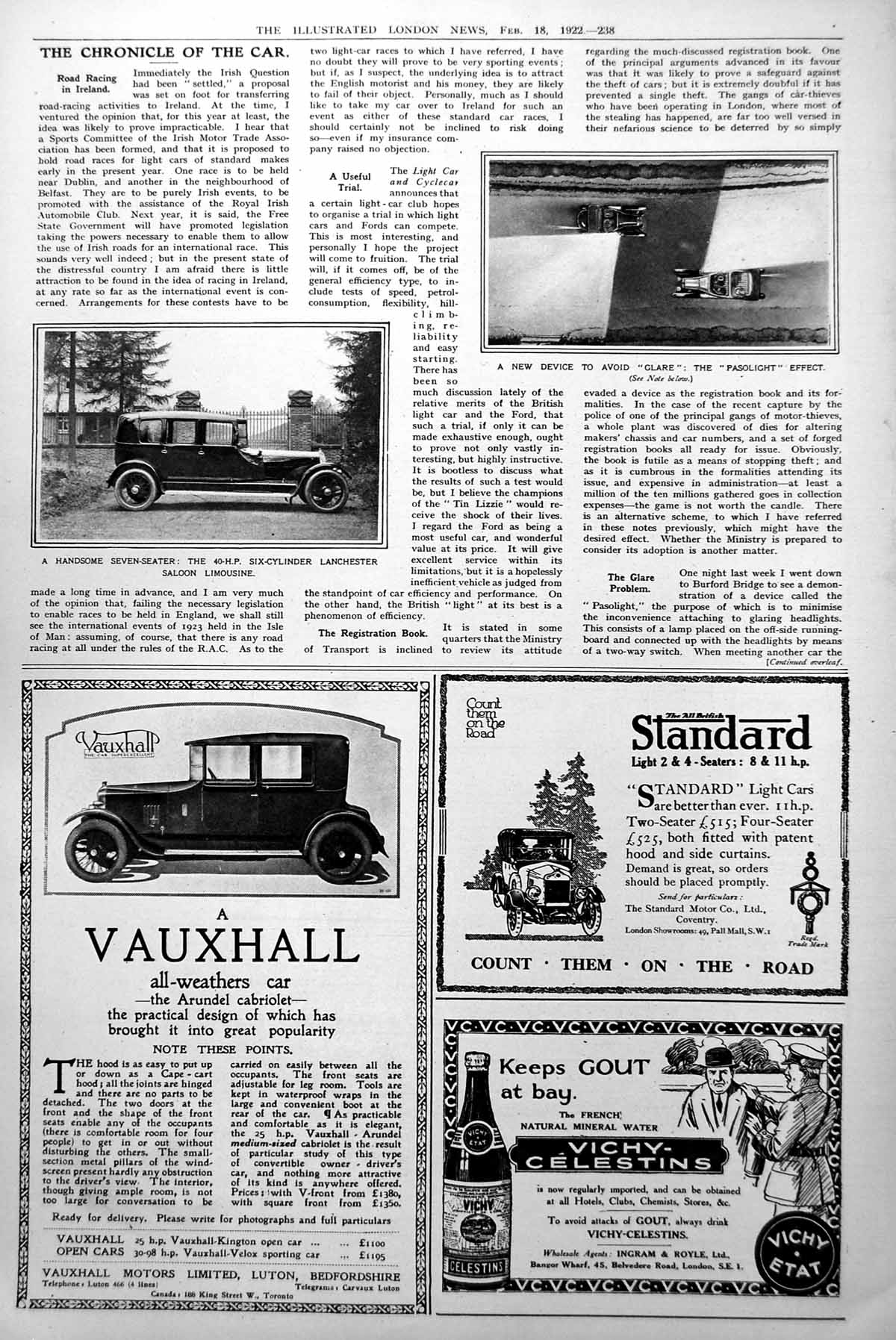 Antique Old Print Seven-Seater Lanchester Saloon Limousine Car Pasolight 1922