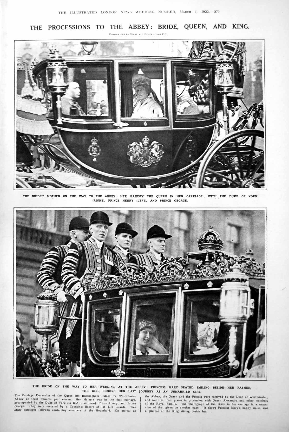 Old Vintage Print Procession To Abbey Bride King Queen Wedding Gifts 1922 20th