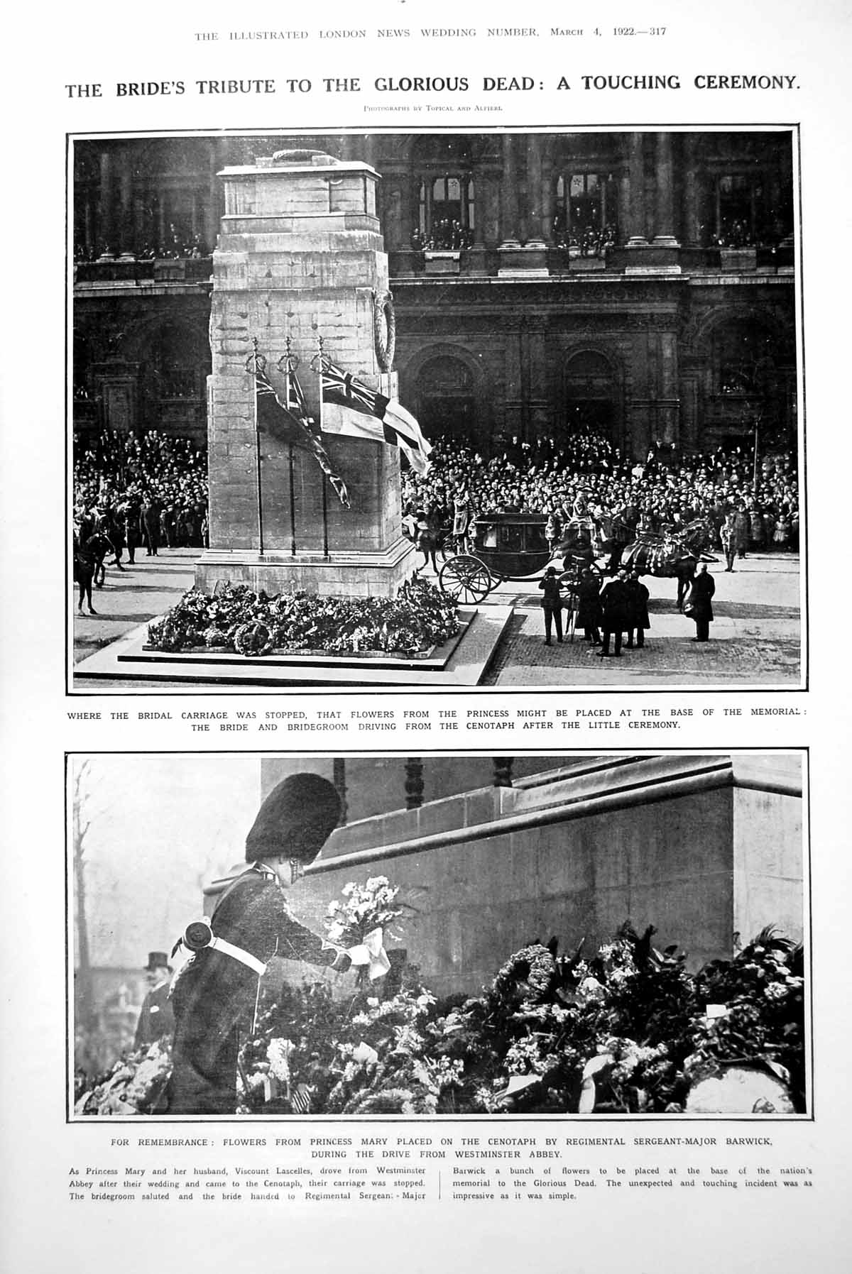 Antique Old Print Bride'S Tribute Flowers Laid Cenotaph Her Majesty The Queen