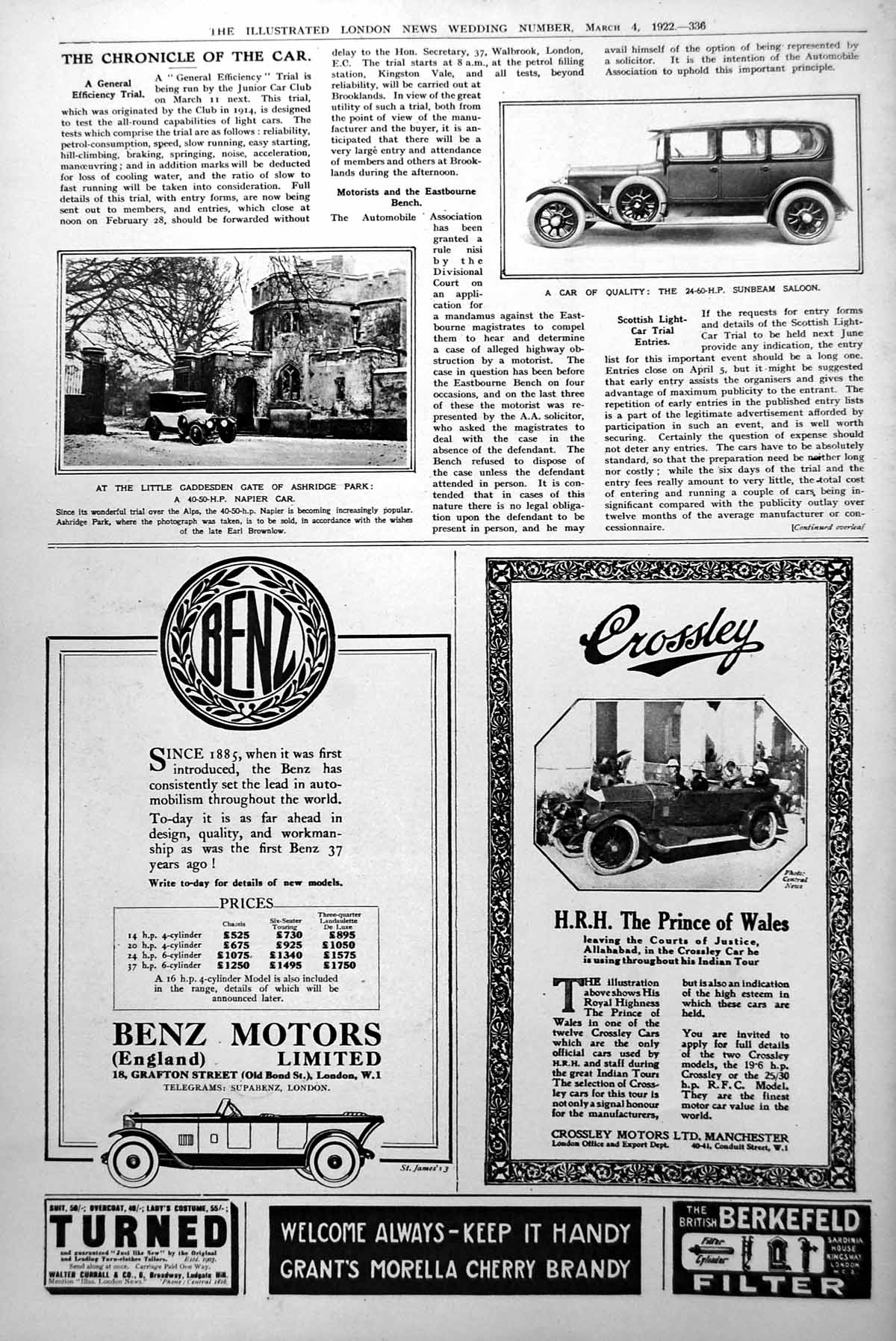 Antique Old Print Napier Car Little Gagesden Gate Ahridge Park Sunbeam 1922