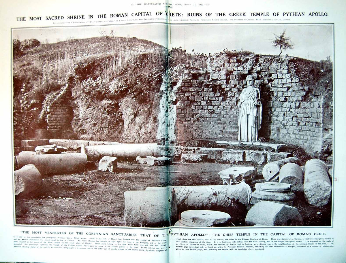 Antique Old Print Ruins Greek Temple Pythian Apollo Crete Sacred Shrine 1922