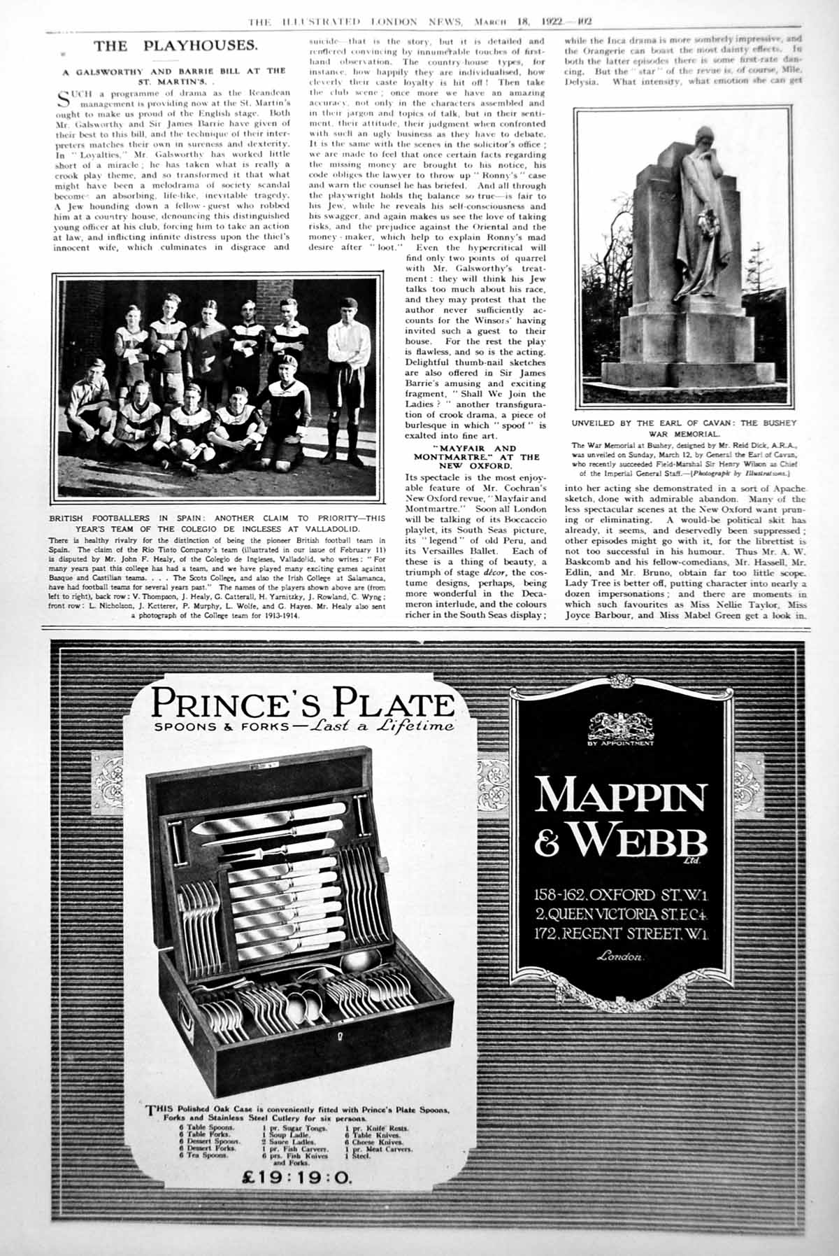 Antique Old Print British Footballers Spain Bushey War Memorial Unveiled 1922