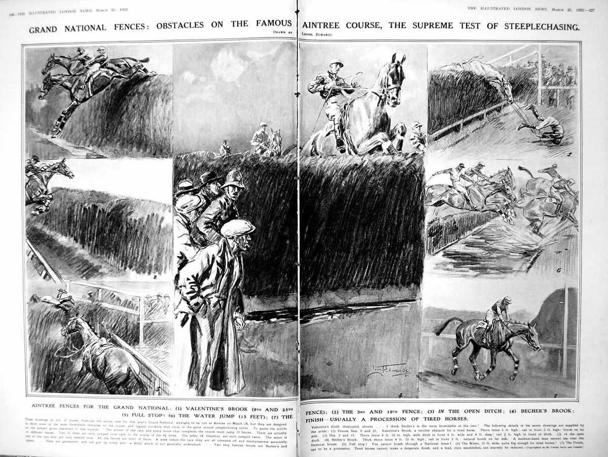 Old Vintage Print Damaged Grand National Fences Aintree Course Falls 1922 20th