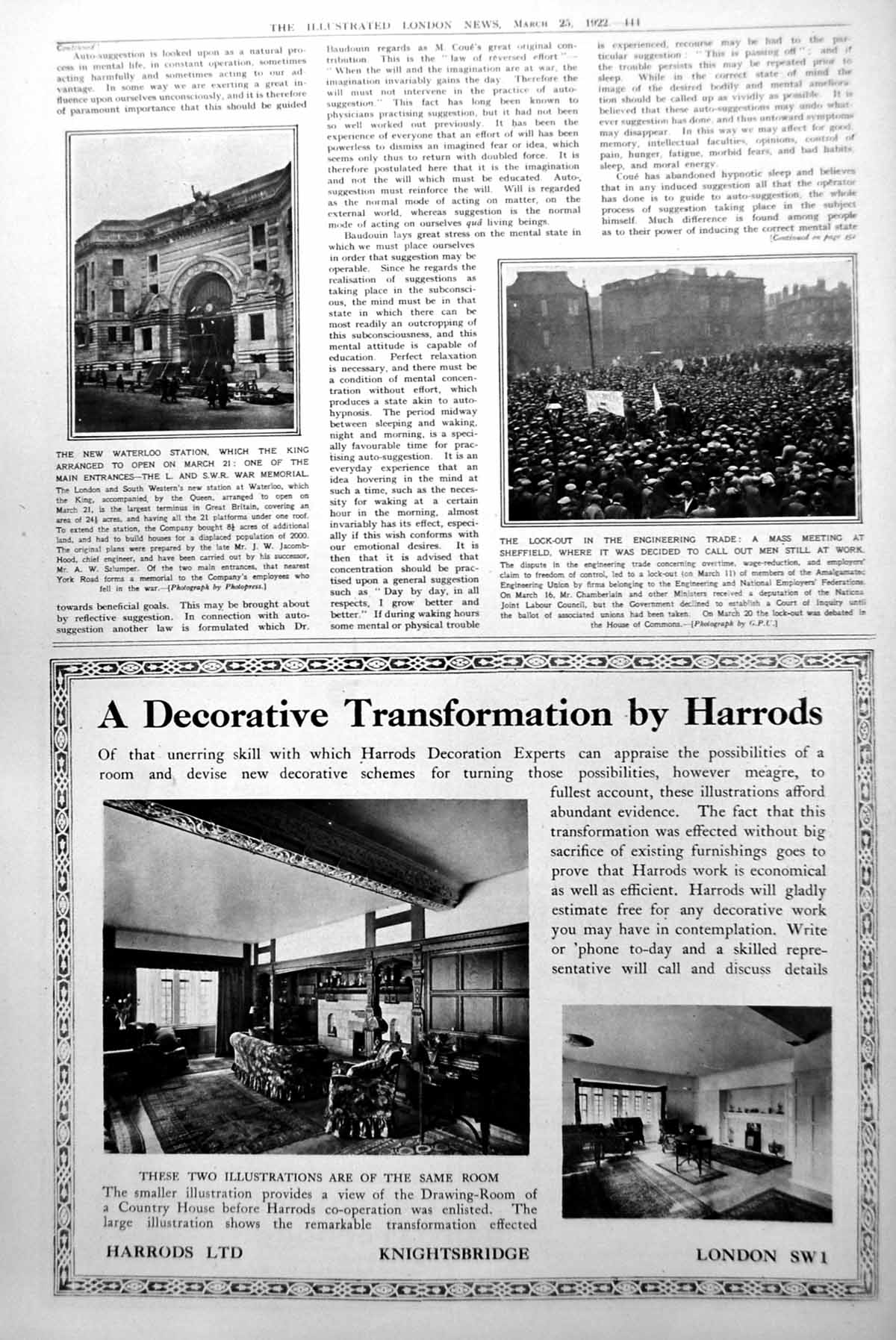 Antique Old Print New Waterloo Station Main Entrance Lock-Out Sheffield 1922