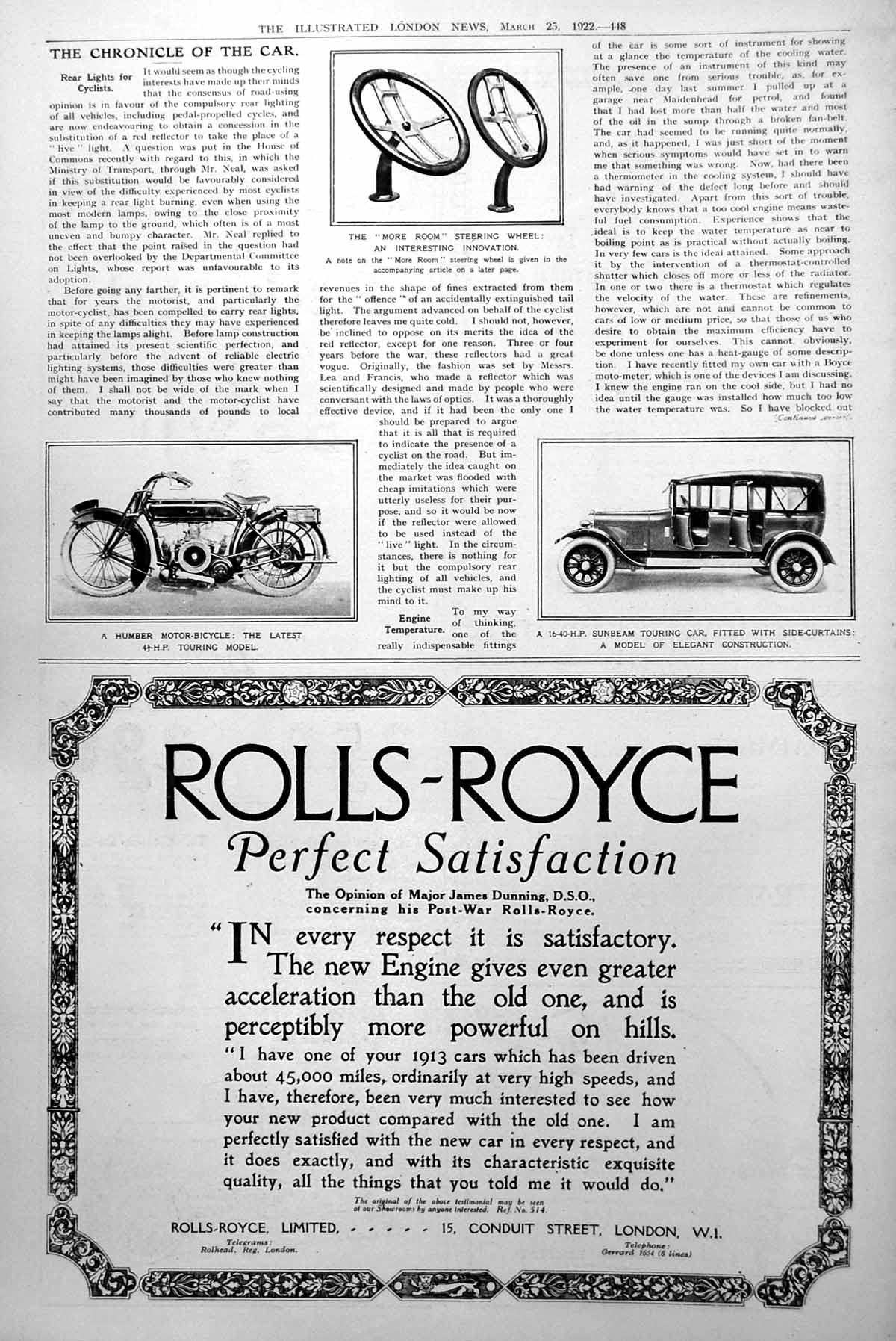 Old Vintage Print Humber Motor-Bicycle Touring Model Steering Wheels 1922 20th