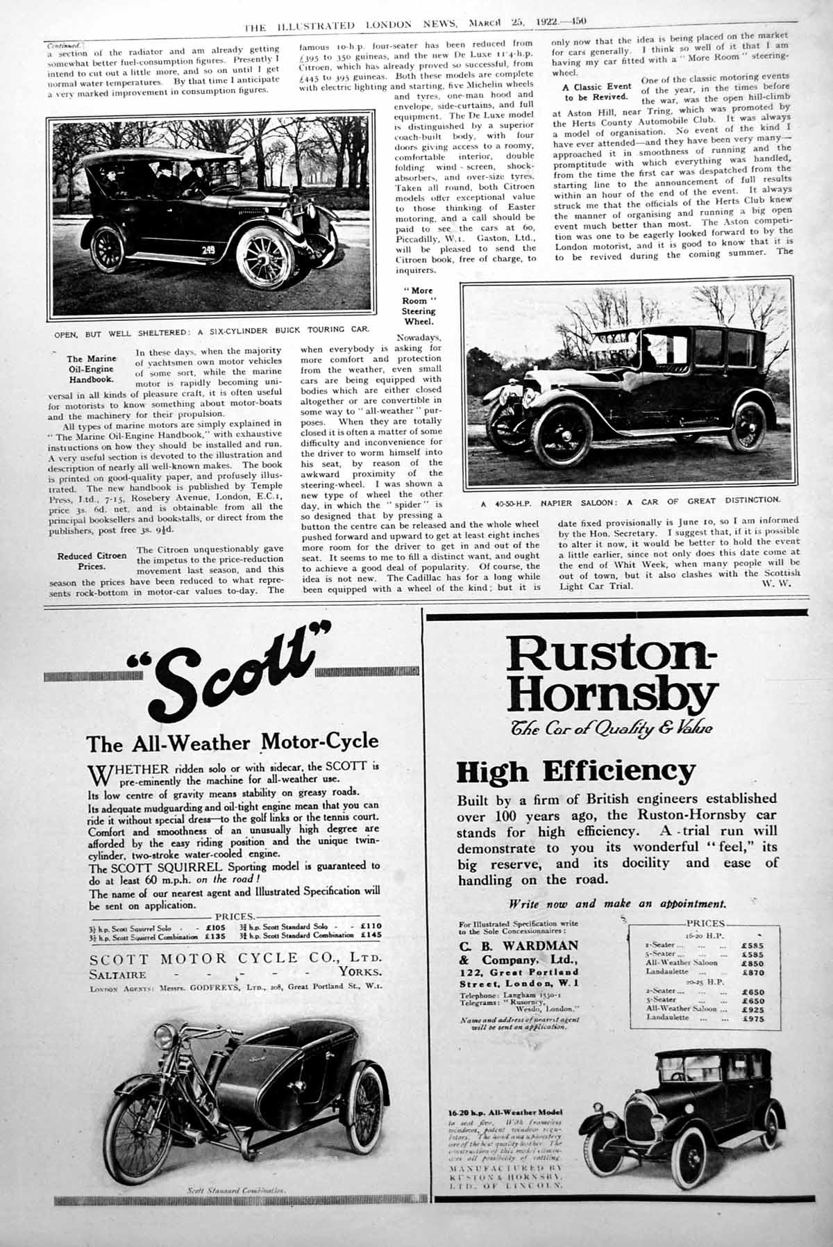 Antique Old Print Open Well Sheltered Buick Touring Car Napier Saloon 1922 20th