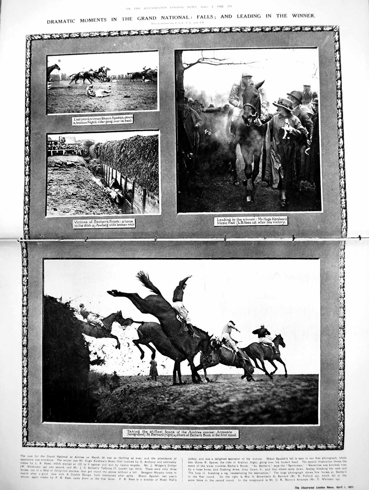 Antique Old Print Damaged Dramatic Moments Grand National Falls Winner 1922