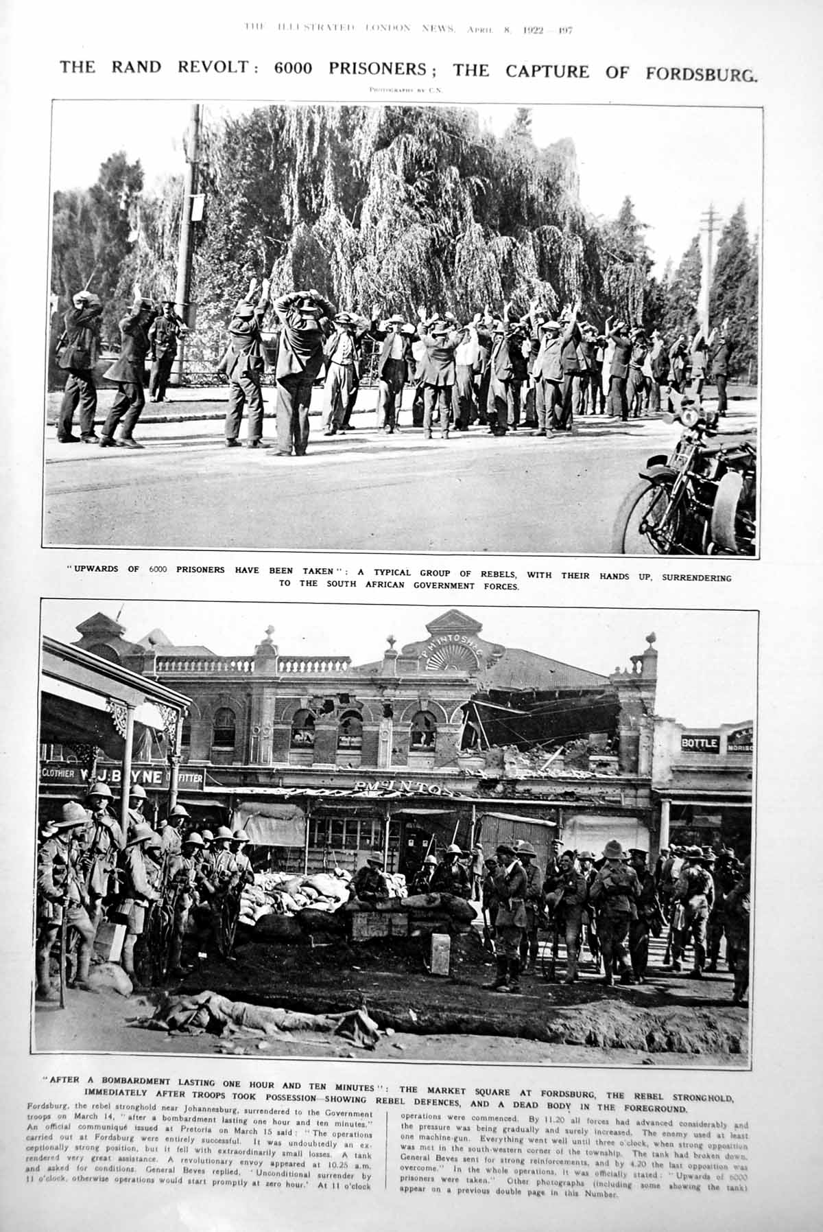 Antique Old Print Rand Revolt 6000 Prisoners Capture Fordsburg People 1922