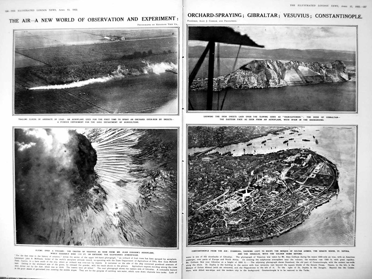 Antique Old Print Damaged Gibraltar Vesuvius Constantinople From The Air 1922