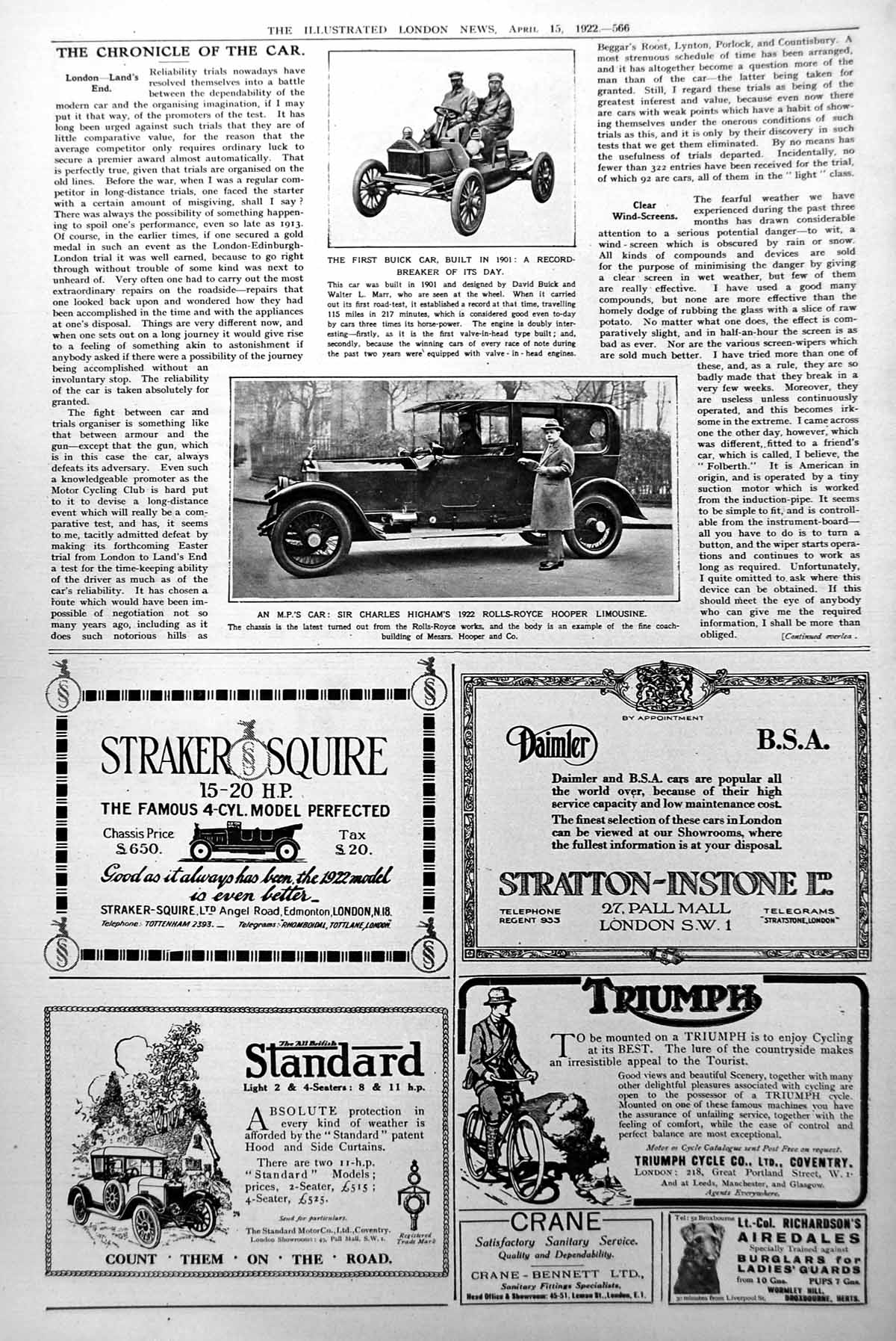 Old Vintage Print First Buick Car 1901 M.P.'S Car Rolls-Royce Hooper 1922 20th