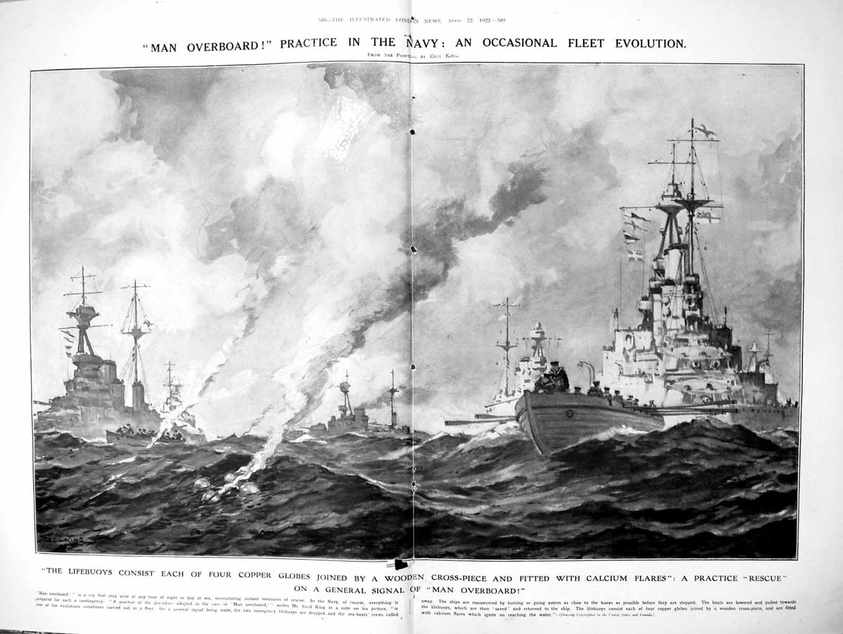 Old Vintage Print Practice Rescue Navy Man Overboard Lifebuoy Flares 1922 20th