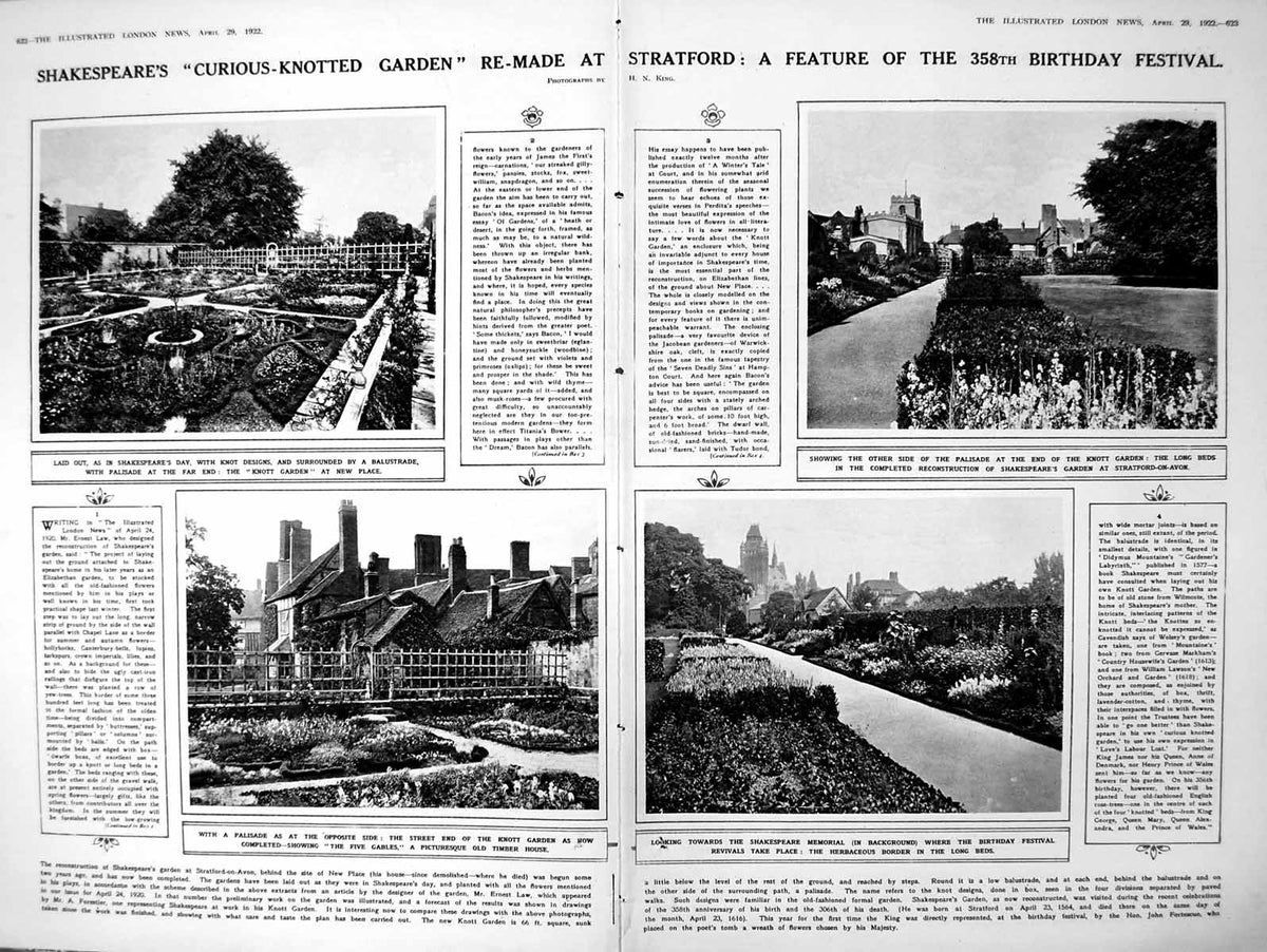 Original Old Vintage Print Damaged Shakespeares Knotted Garden Memorial 1922