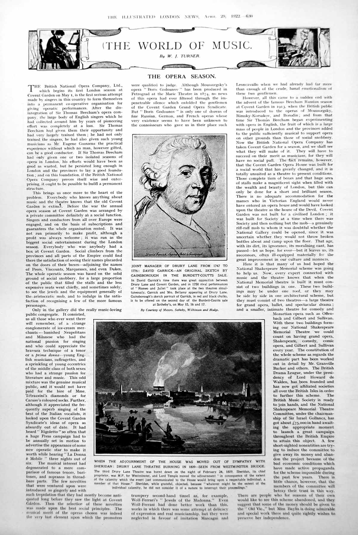 Old Vintage Print David Garrick Portrait Drury Lane Theatre Burning 1922 20th