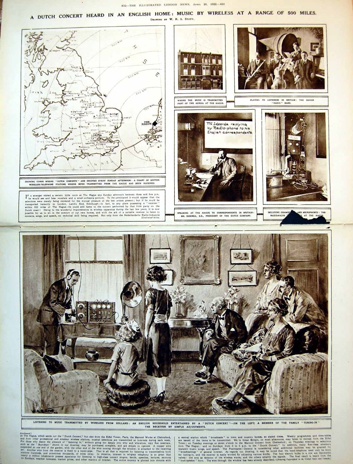 Antique Print Damaged Music By Wireless Family Gathered To Listen Map 1922 20th