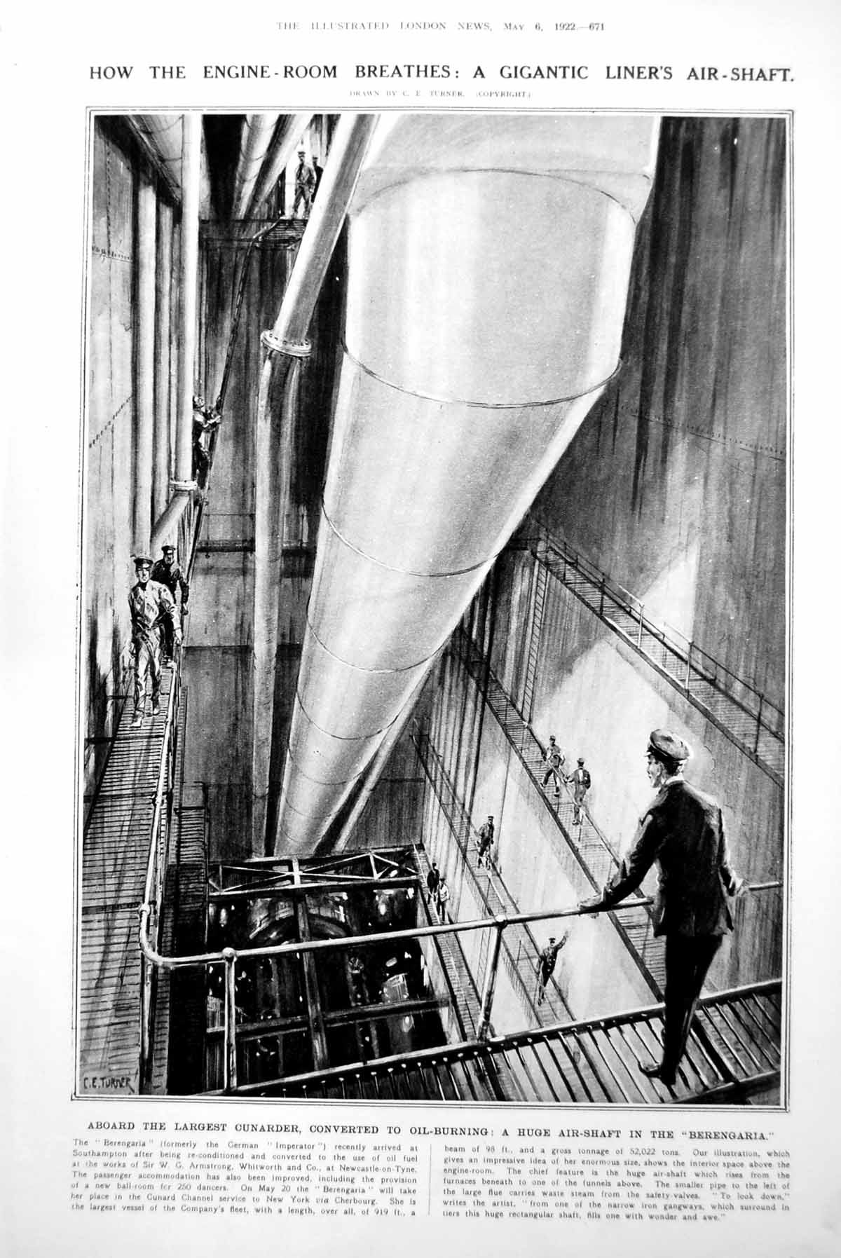 Antique Old Print Giant Liner'S Air Shaft Berengaria Empress Japan Steps 1922