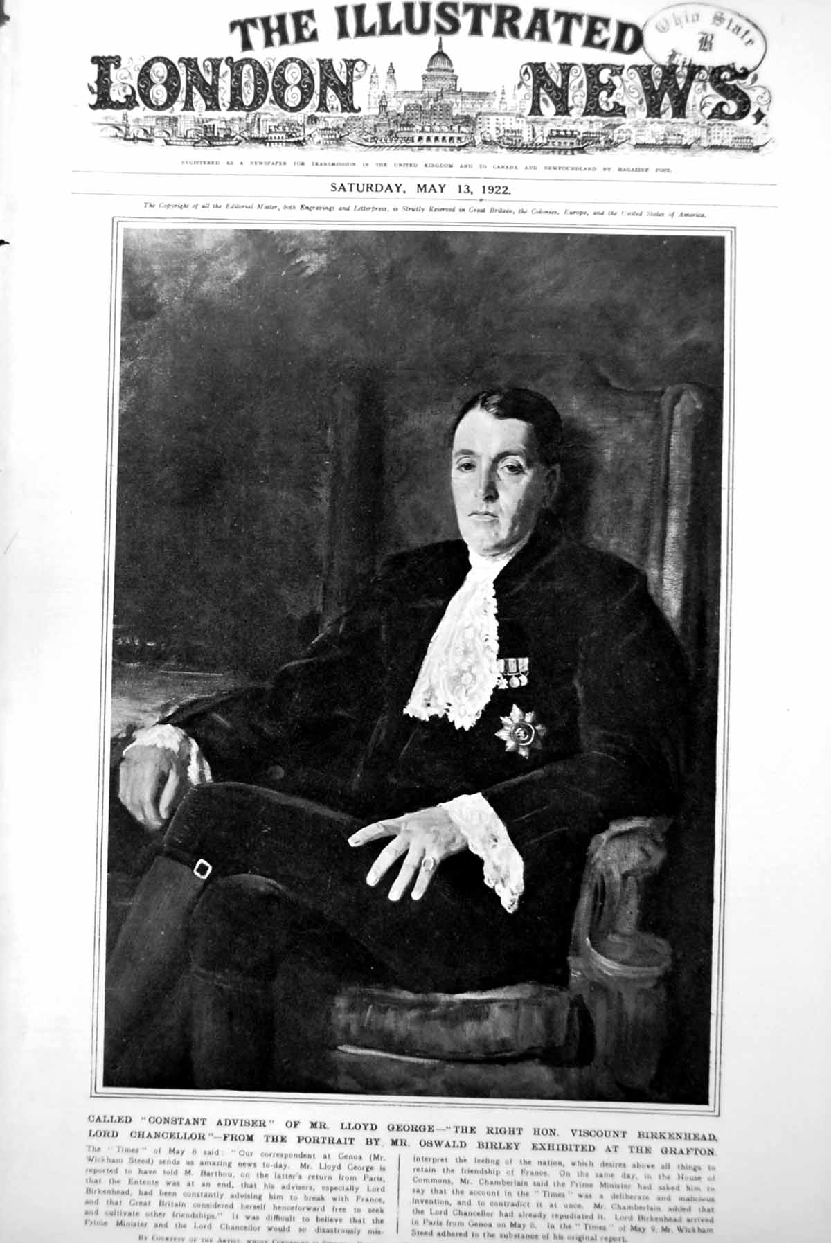 Old Vintage Print Viscount Birkenhead Fg Kellaway Postmaster-General 1922 20th