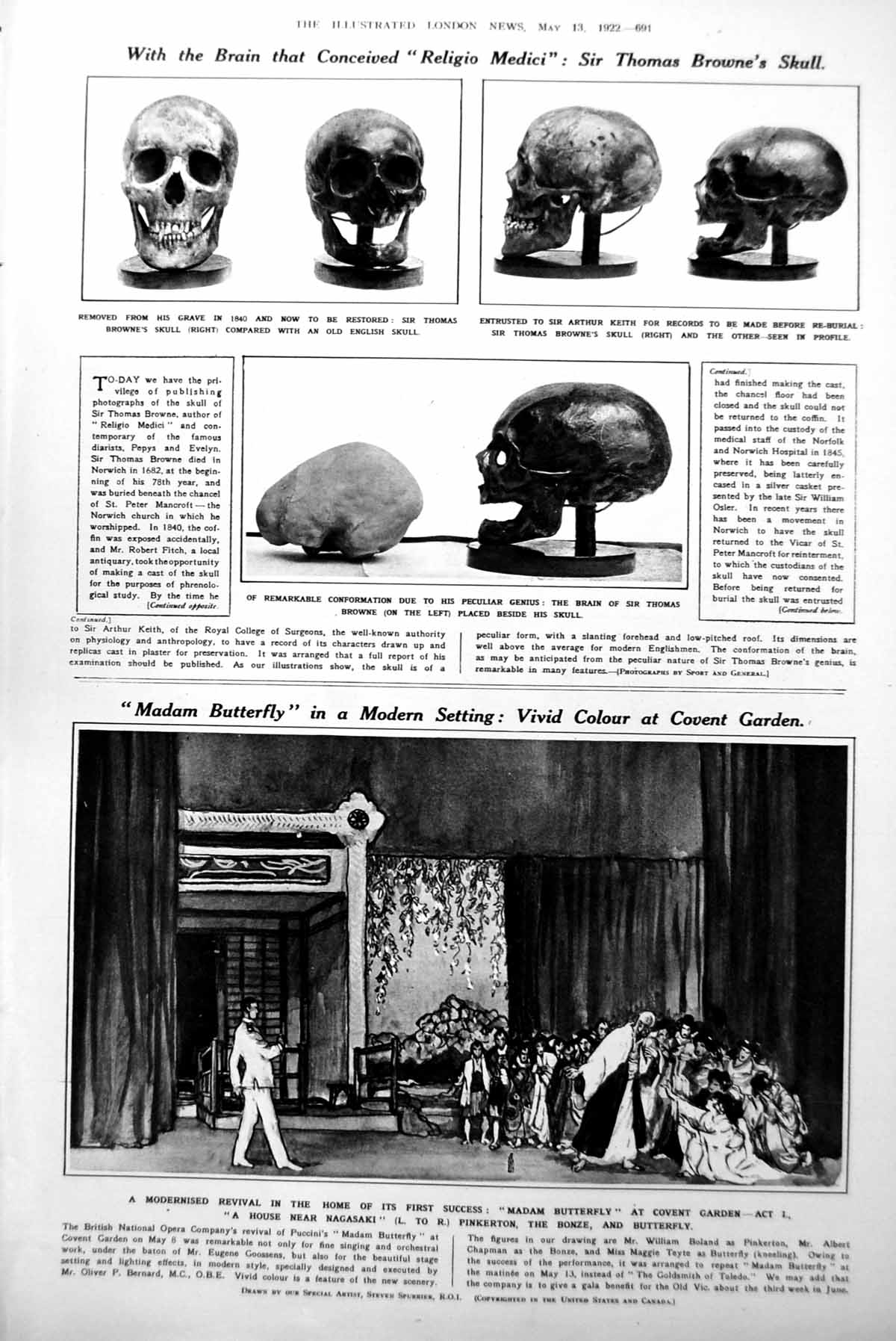 Old Print Sir Thomas Browne'S Skull Madam Butterfly St. Andrews Uni 1922 20th