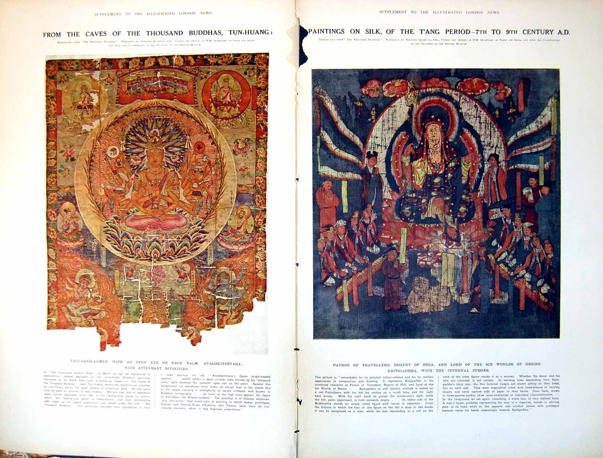 Old Vintage Print Damaged Cave Thousand Buddhas Paintings Silk T'Ang 1922 20th