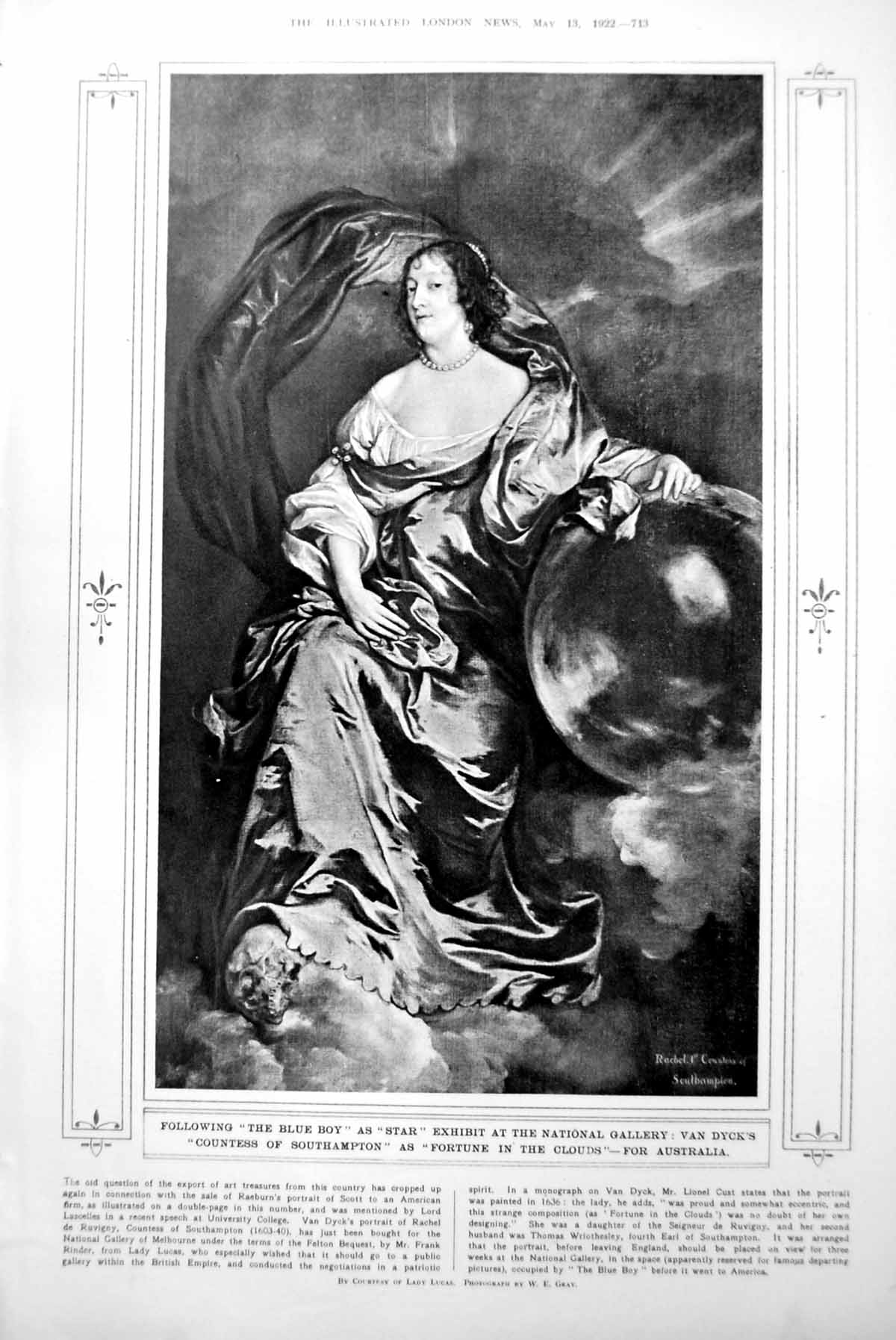Antique Old Print Van Dyck'S Countess Southampton Hampstead War Memorial 1922