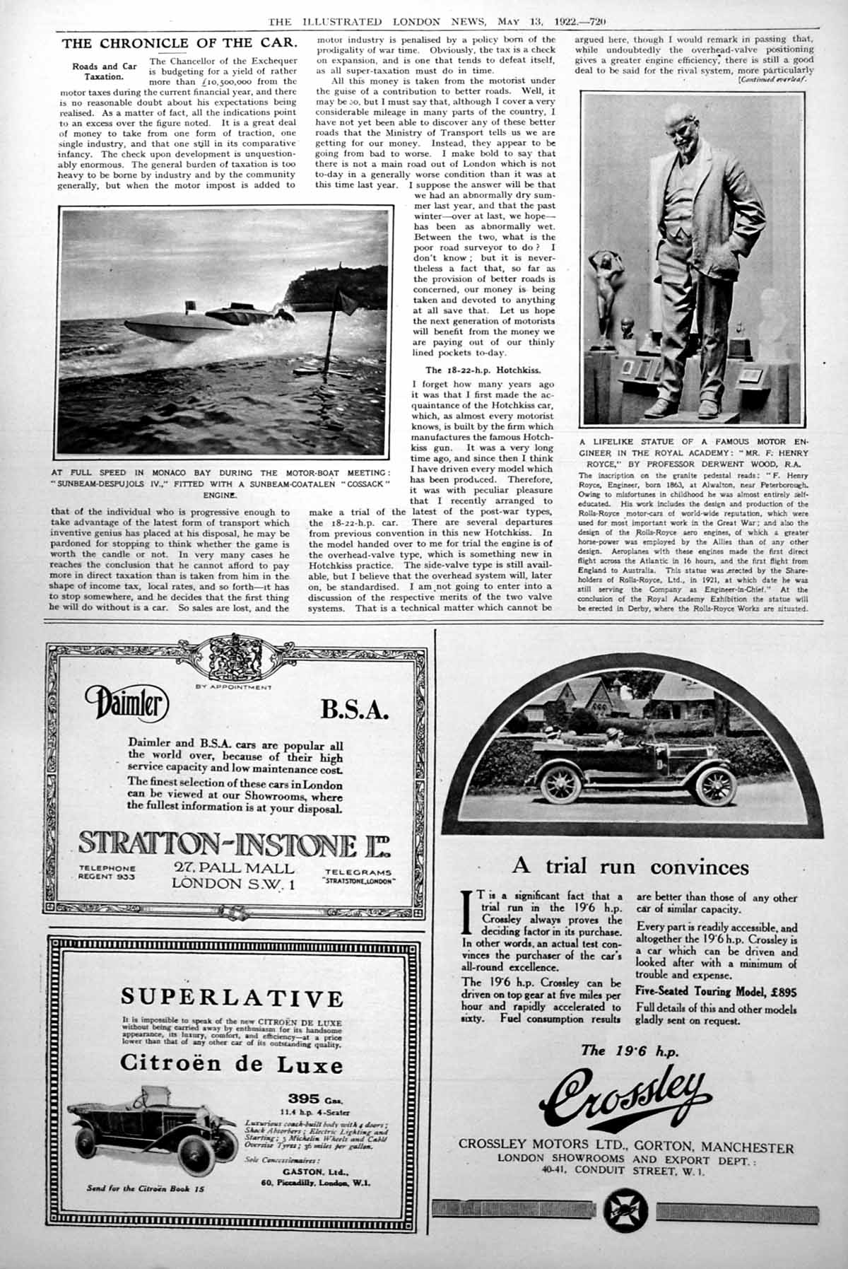 Old Vintage Print F. Henry Royce Statue Monaco Cay Speedboat Sunbeam 1922 20th