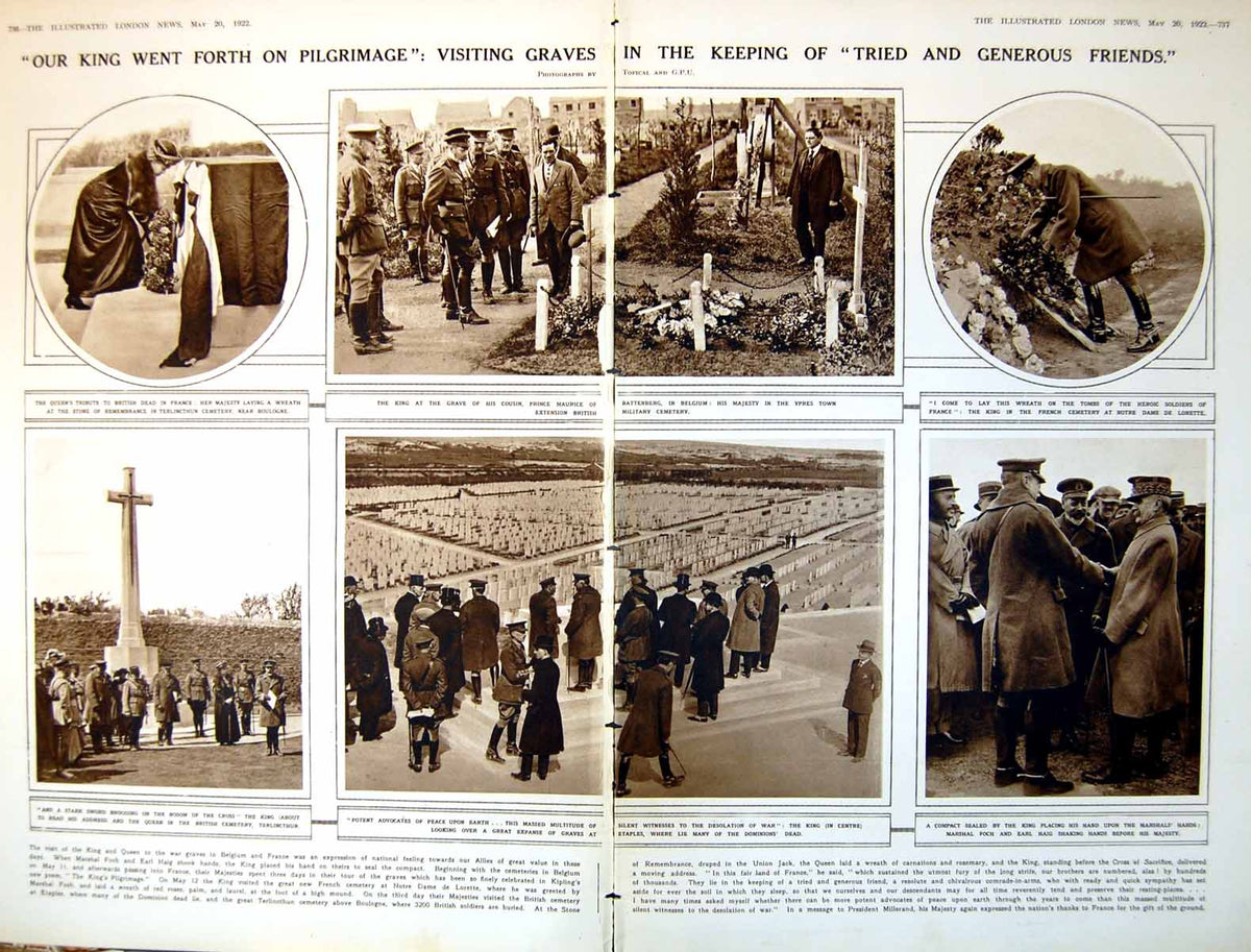 Antique Print Damaged King Queen Visiting War Graves Etaples Boulogne 1922 20th