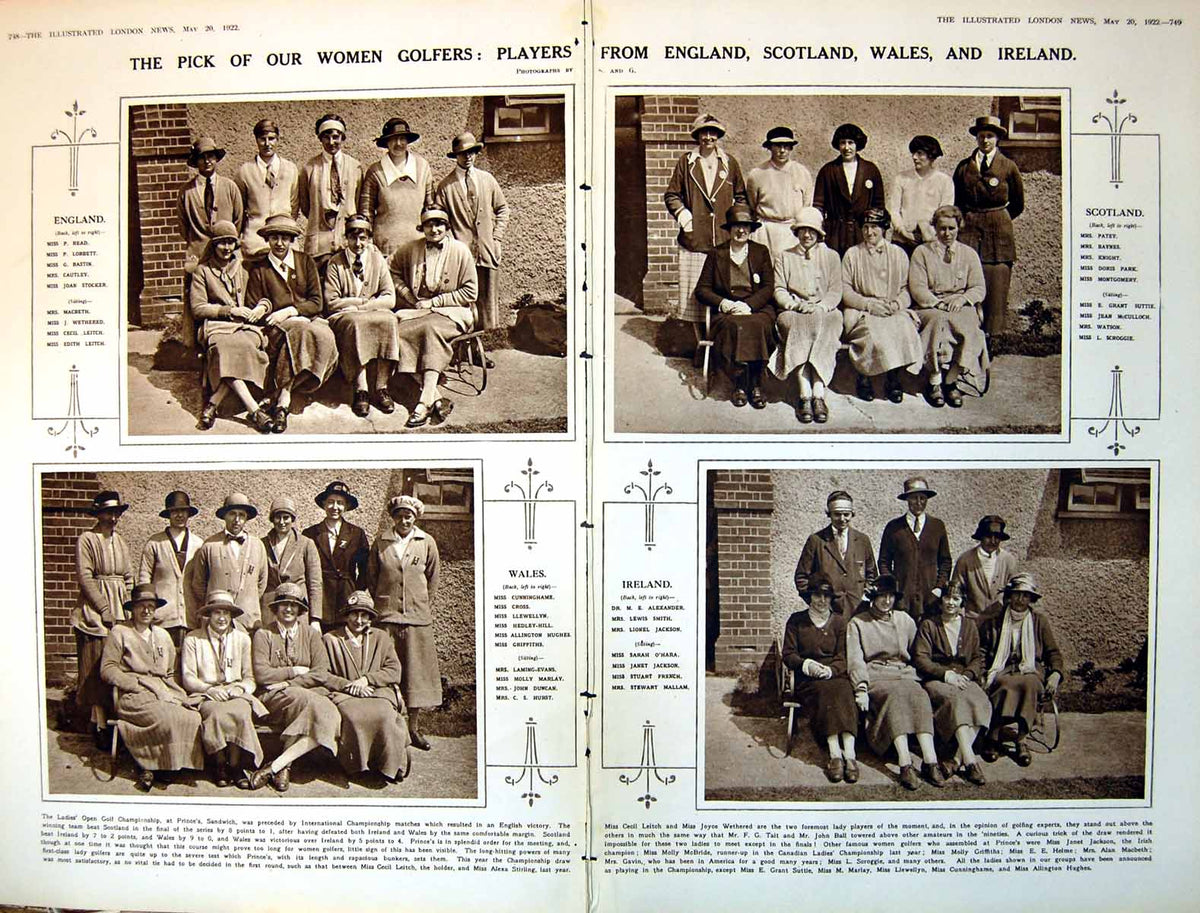 Antique Old Print Damaged Women Golfers England Ireland Scotland Wales 1922
