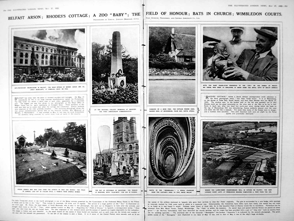 Antique Old Print Damaged News Belfast Arson Zoo Orang-Utan Wimbledon 1922 20th