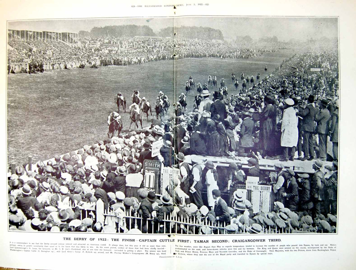 Antique Old Print Derby Finish Captain Cuttle First Tamar Second Crowds 1922