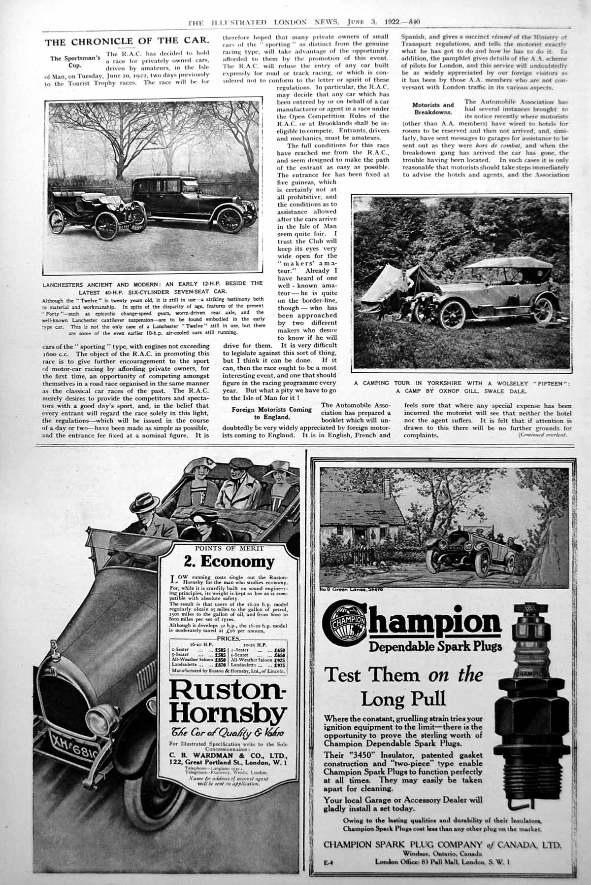 Antique Old Print Lanchesters Ancient Modern Wolseley Fifteen Car Camp 1922