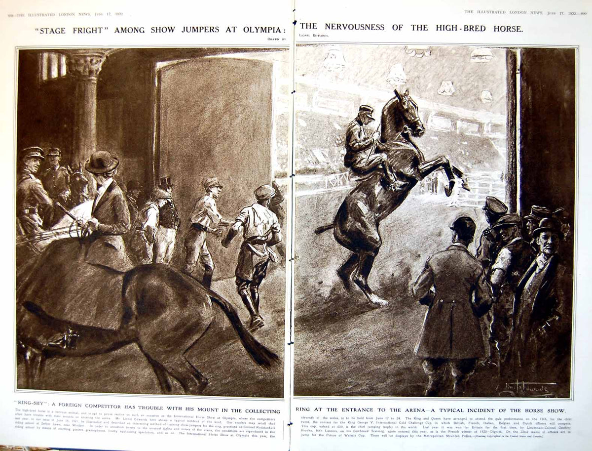 Original Old Vintage Print Damaged Stage Fright Show Jumpers Olympia Horse 1922