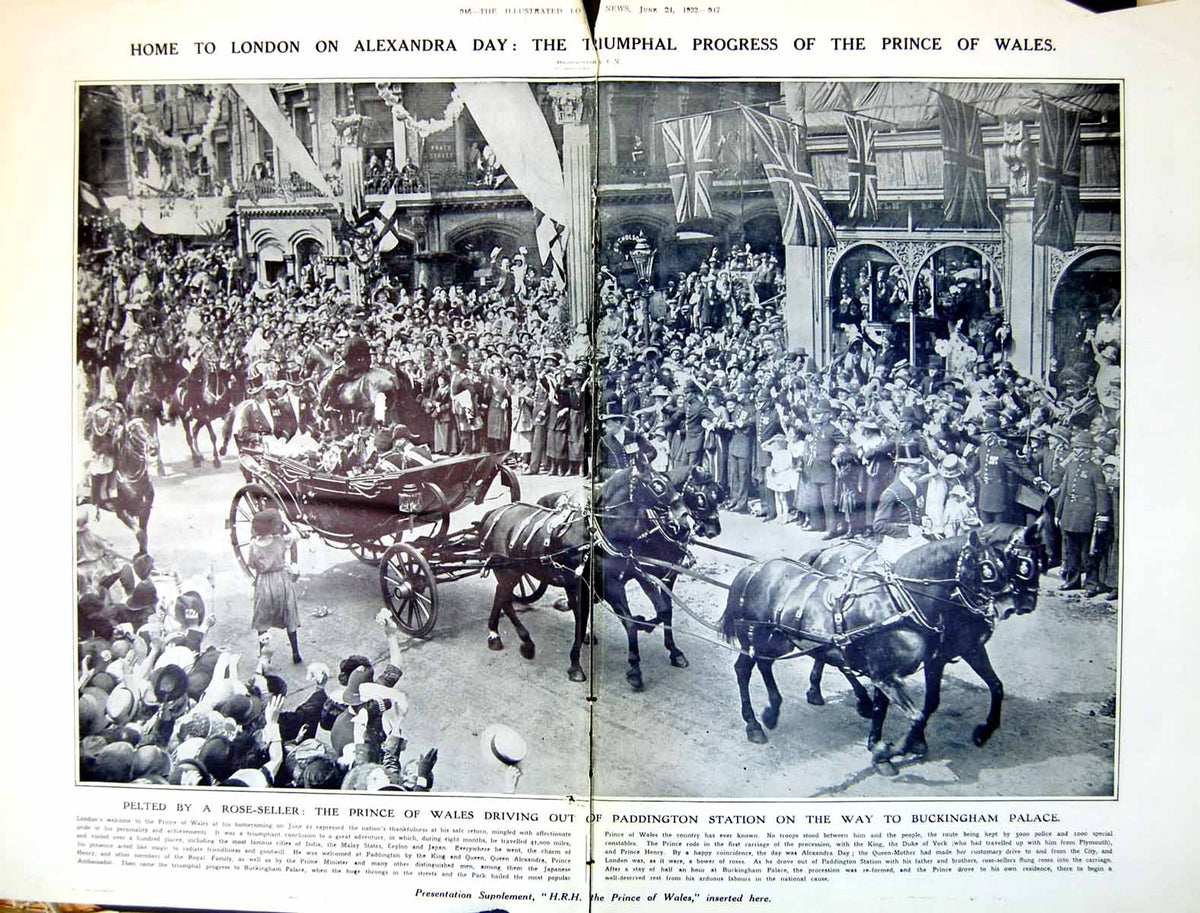 Old Vintage Print Damaged Prince Wales Returns London Alexandra Day 1922 20th