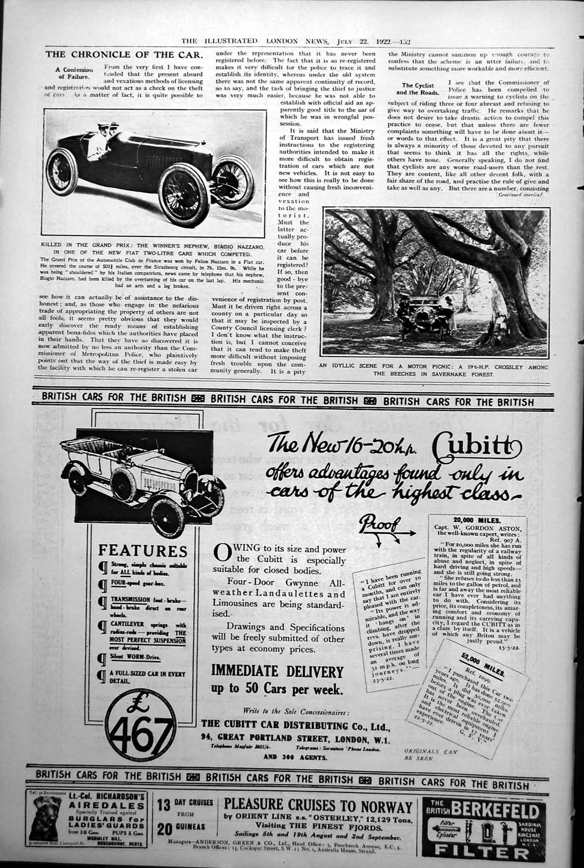 Old Killed Grand Prix Biagio Nazzaro Fiat Crossley Savernake Forest 1922 20th