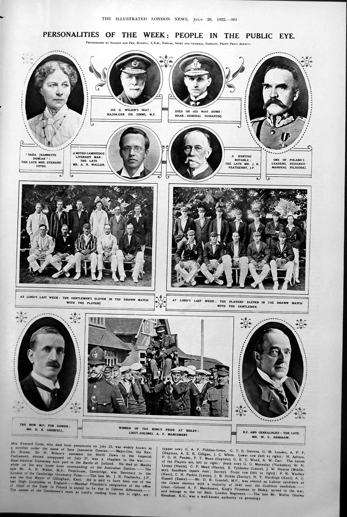 Antique Print Lords Players D Grenfell A Waller Aberystwith University 1922