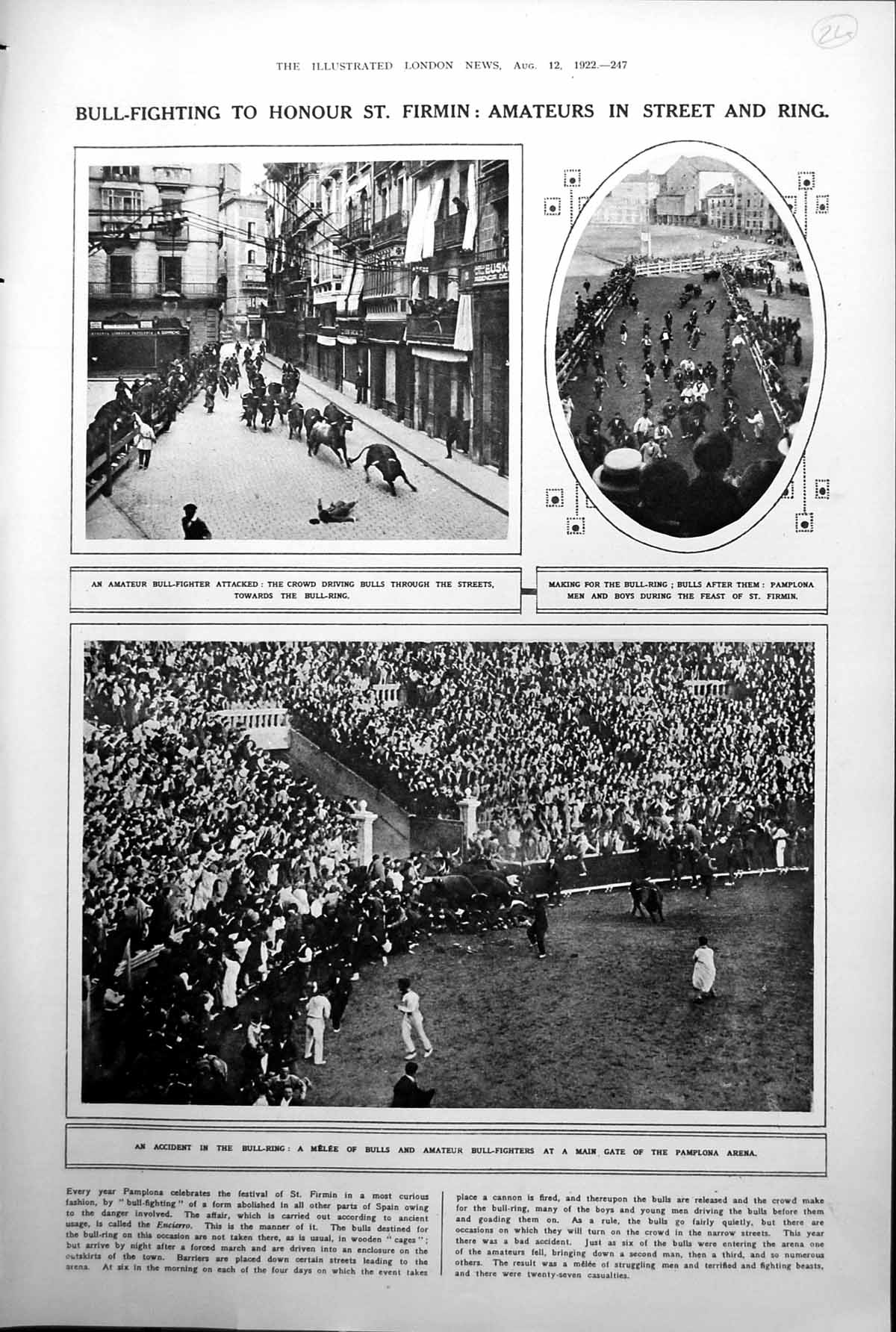 Old Print Bull Fighting Pamplona Feast St Firmin A Hutchinson Author 1922 20th
