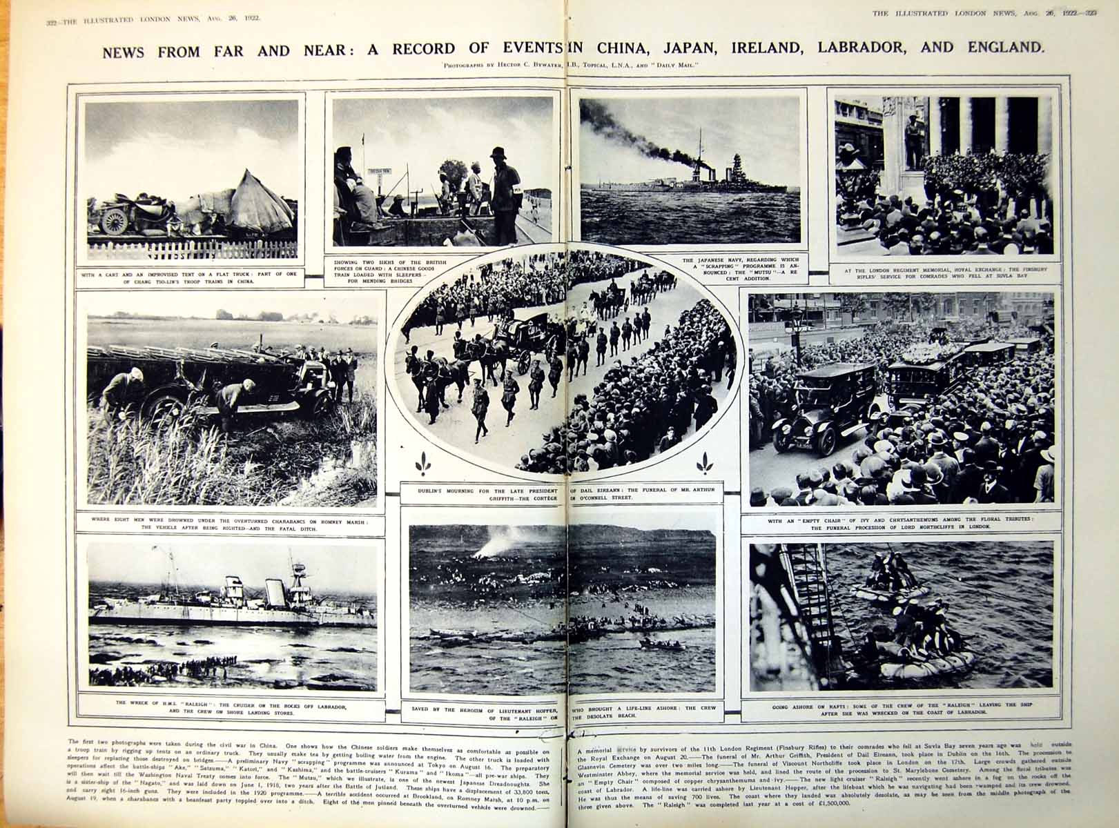 Old Print Iceberg Medieval Castle Funeral Arthur Griffith 1922 DamagedPages
