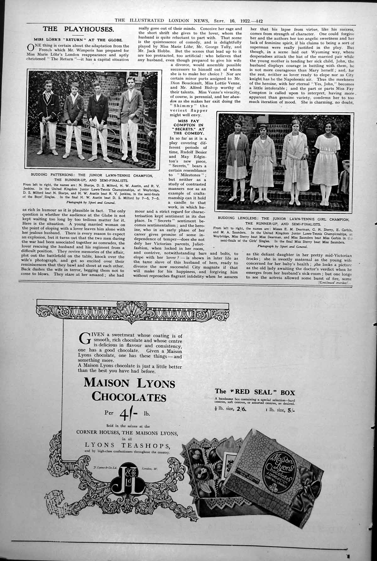 Old Junior Lawn Tennis Champions H Austin D Milford Miss Sterry 1922 20th