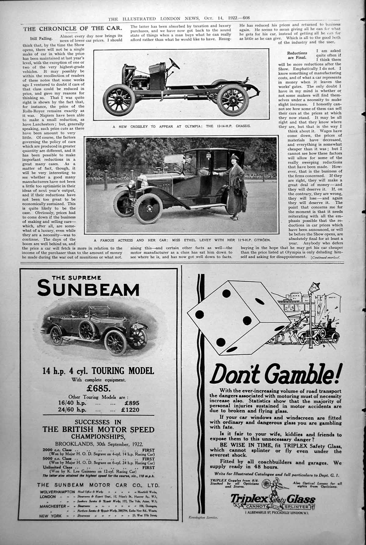Print Crossley Car Olympia 12-14 Hp Chassis Ethel Levey 11.9 Hp Citroen 1922